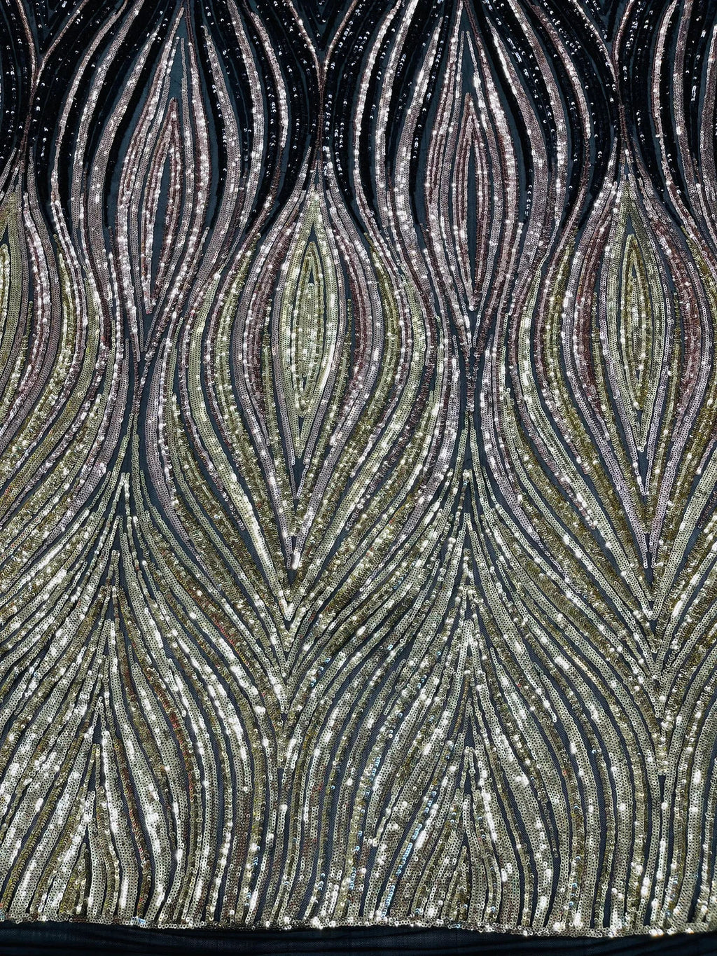 Multi-Color Fabric - Black/Rose/Light Gold - Feather Shape Sequins Fabric Sold By Yard
