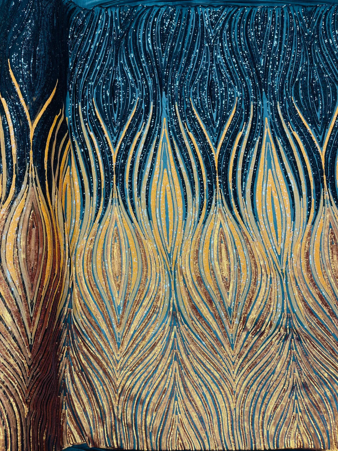 Multi-Color Fabric - Navy/Yellow/Gold - Feather Shape Sequins Fabric Sold By Yard