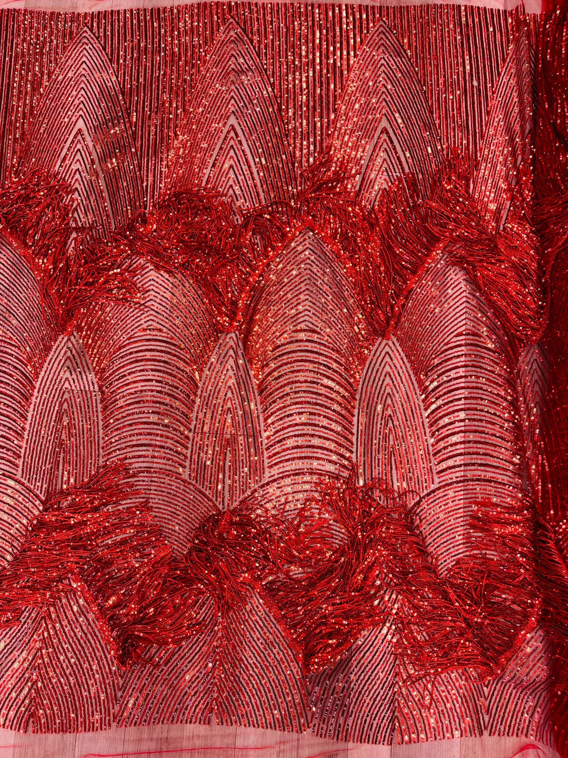 Fringe Sequins Fabric - Red - 2 Way Stretch Glamorous Fringe Design on Mesh By Yard