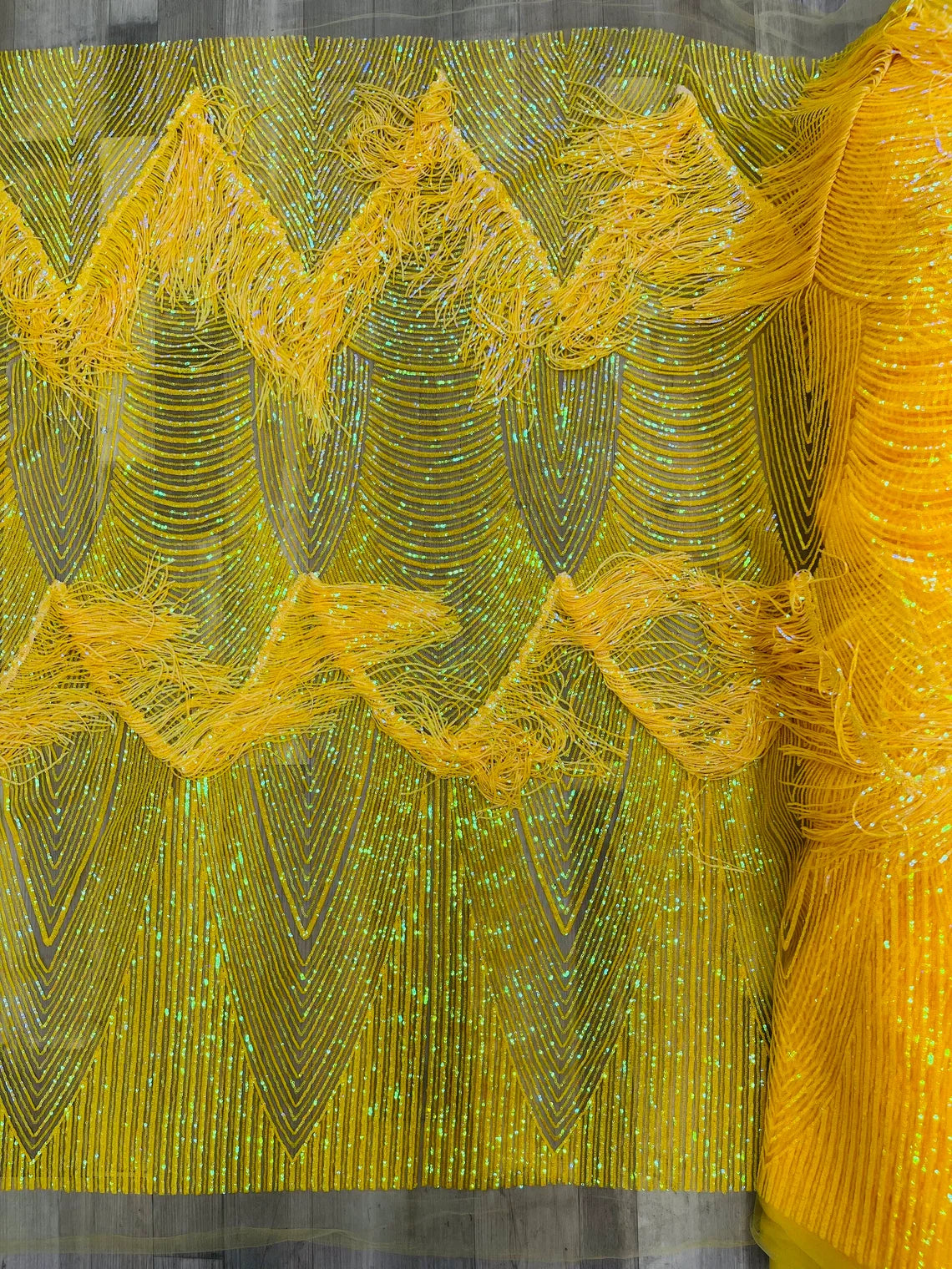 Fringe Sequins Fabric - Yellow - 2 Way Stretch Glamorous Fringe Design on Mesh By Yard