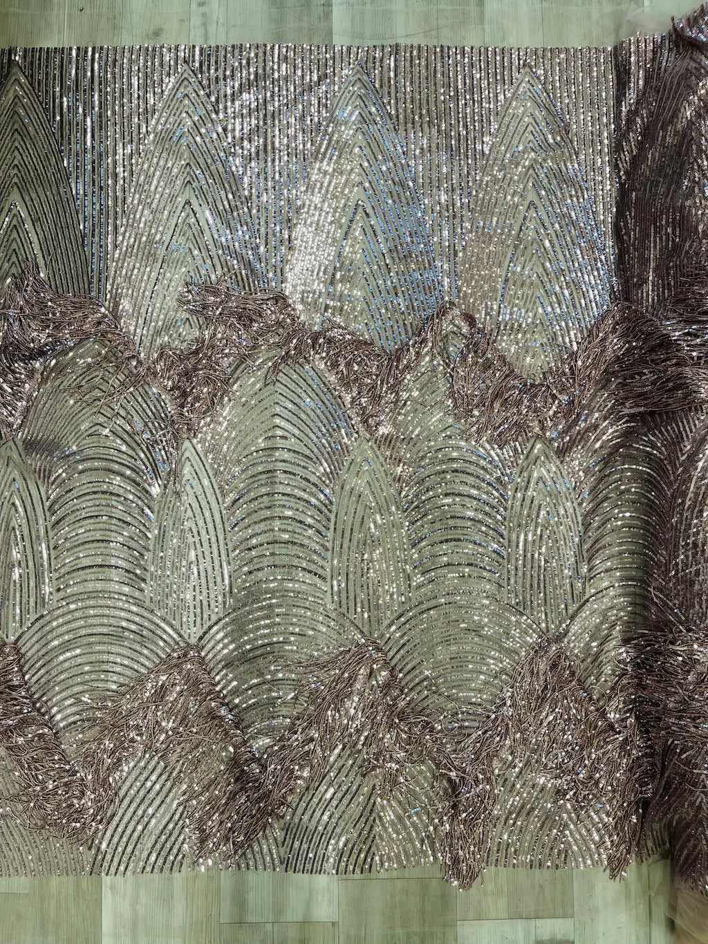 Fringe Sequins Fabric - Mauve - 2 Way Stretch Glamorous Fringe Design on Mesh By Yard
