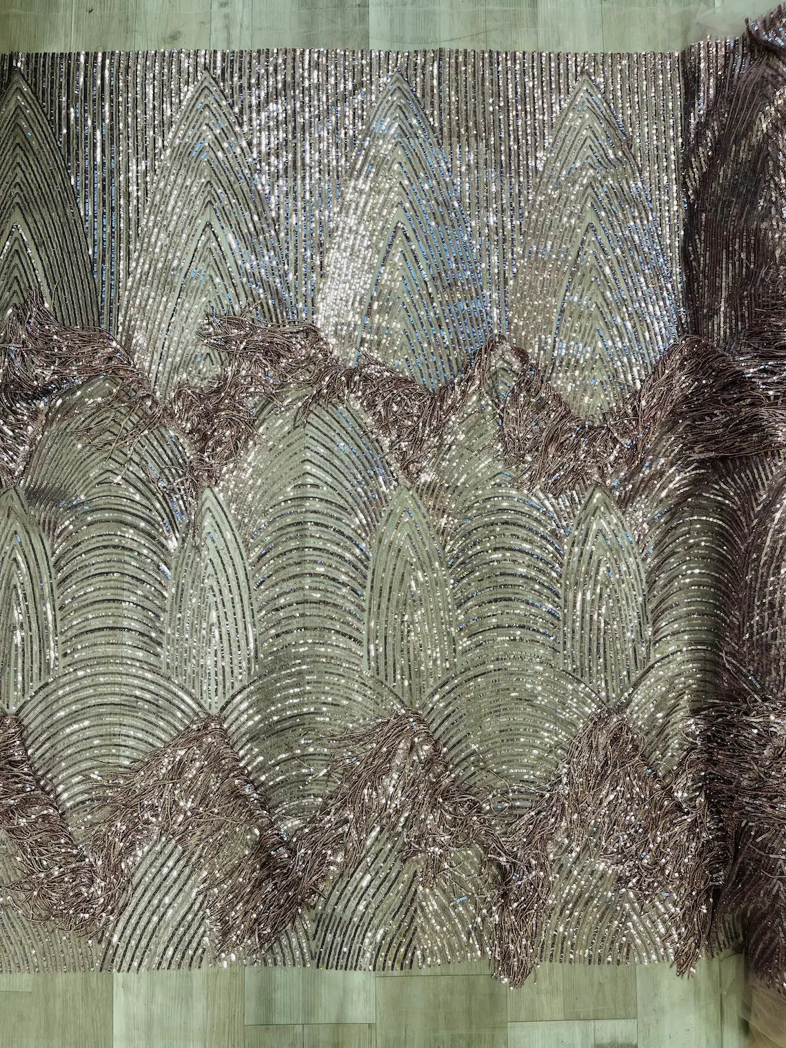Fringe Sequins Fabric - Mauve - 2 Way Stretch Glamorous Fringe Design on Mesh By Yard
