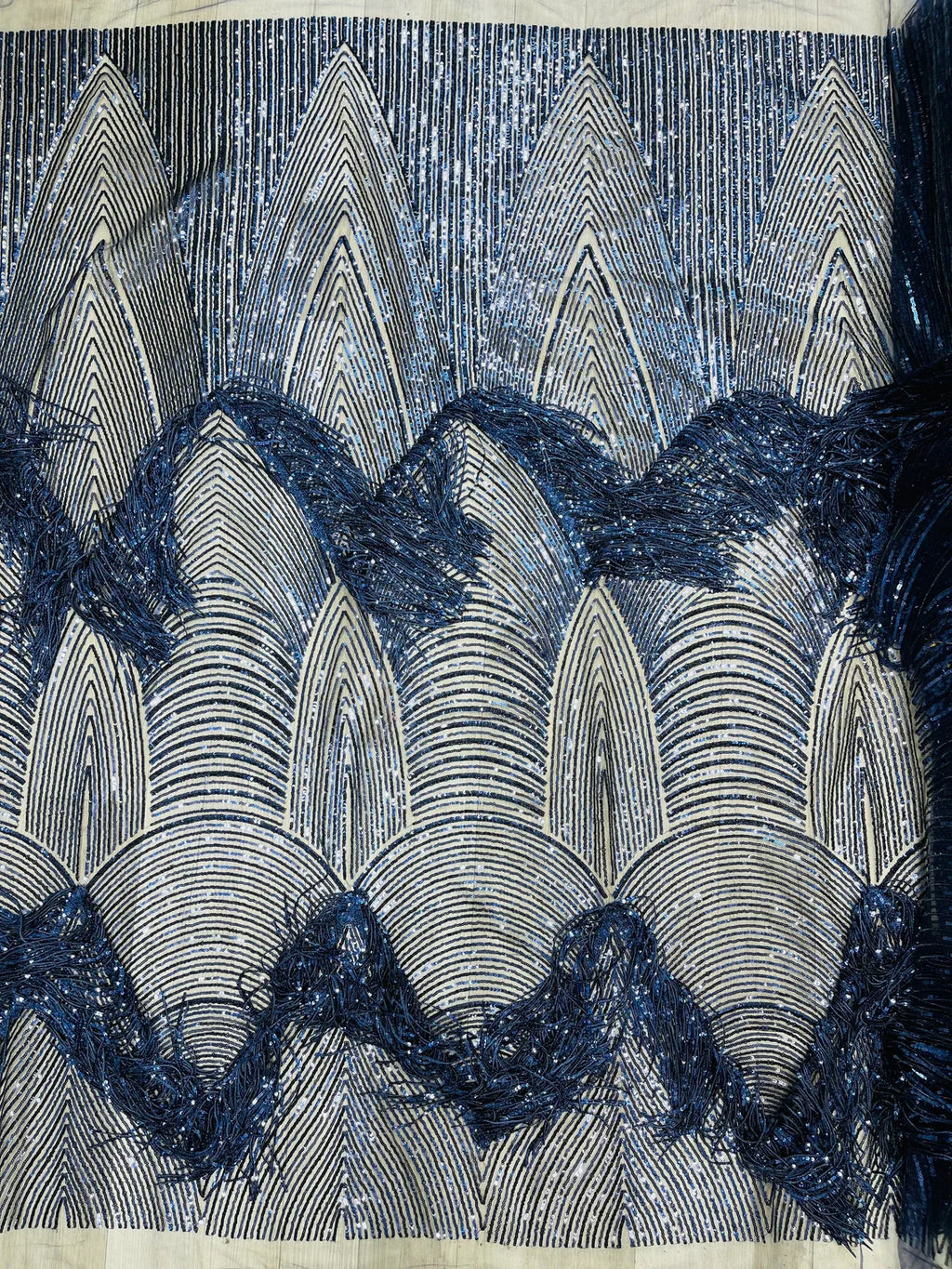 Fringe Sequins Fabric - Navy Blue - 2 Way Stretch Glamorous Fringe Design on Mesh By Yard