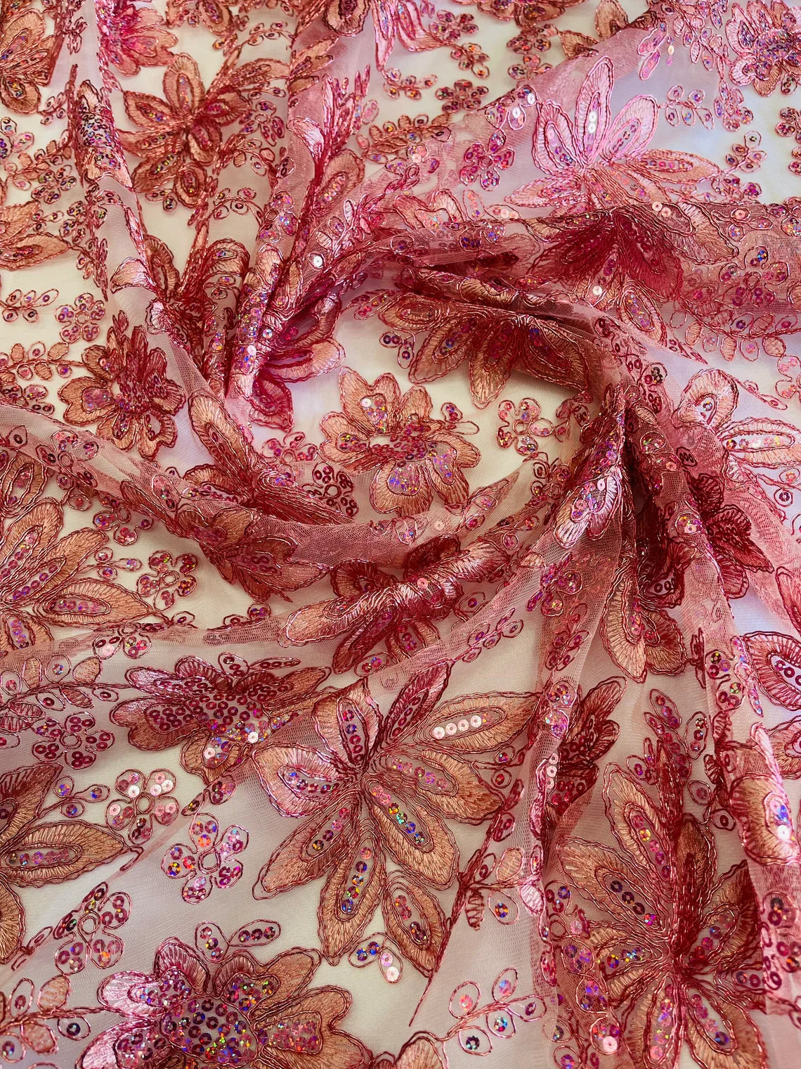 Holographic Sequins Lace - Dusty Rose - Flower Sequins Lace Design w/ Metallic Thread by Yard