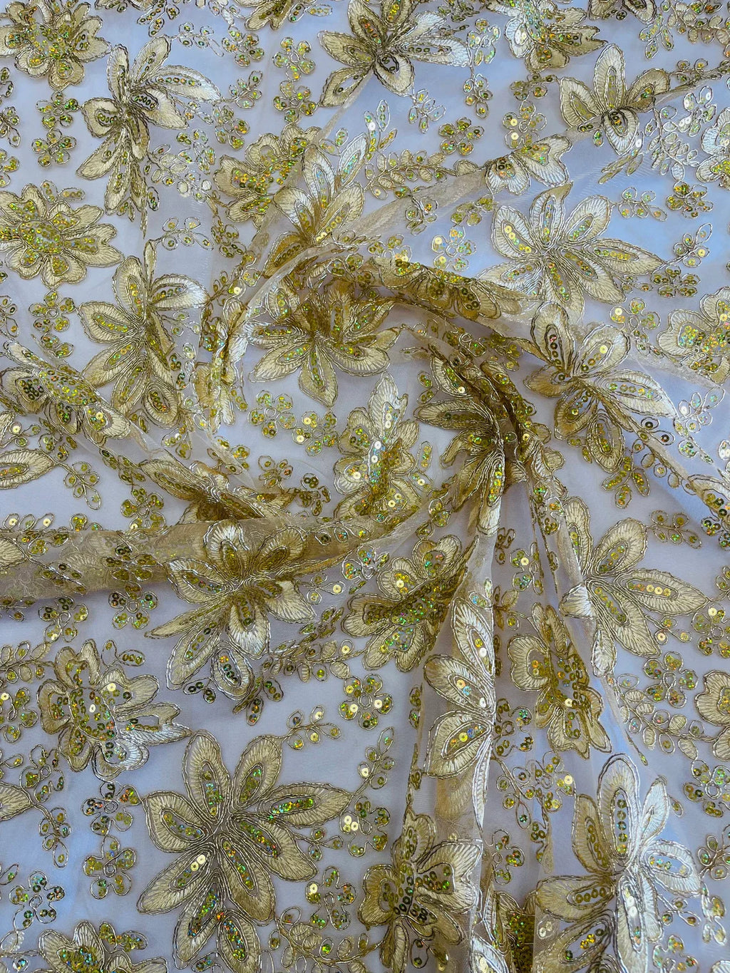Holographic Sequins Lace - Gold - Flower Sequins Lace Design w/ Metallic Thread by Yard