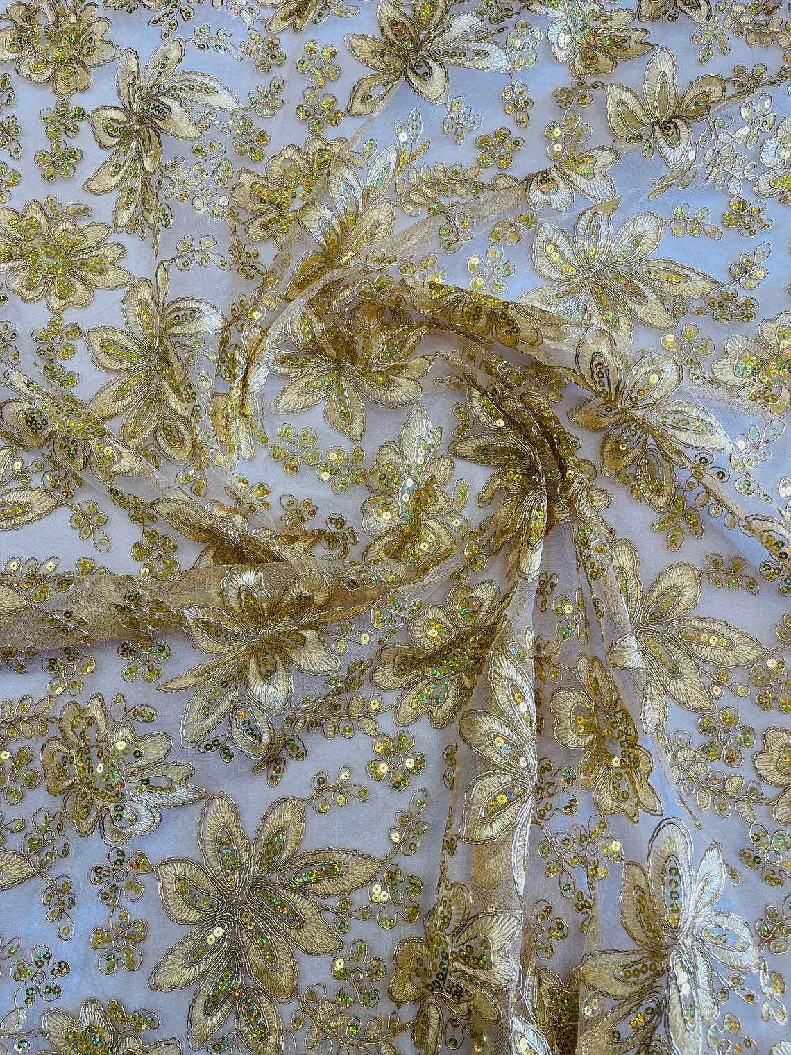 Holographic Sequins Lace - Gold - Flower Sequins Lace Design w/ Metallic Thread by Yard