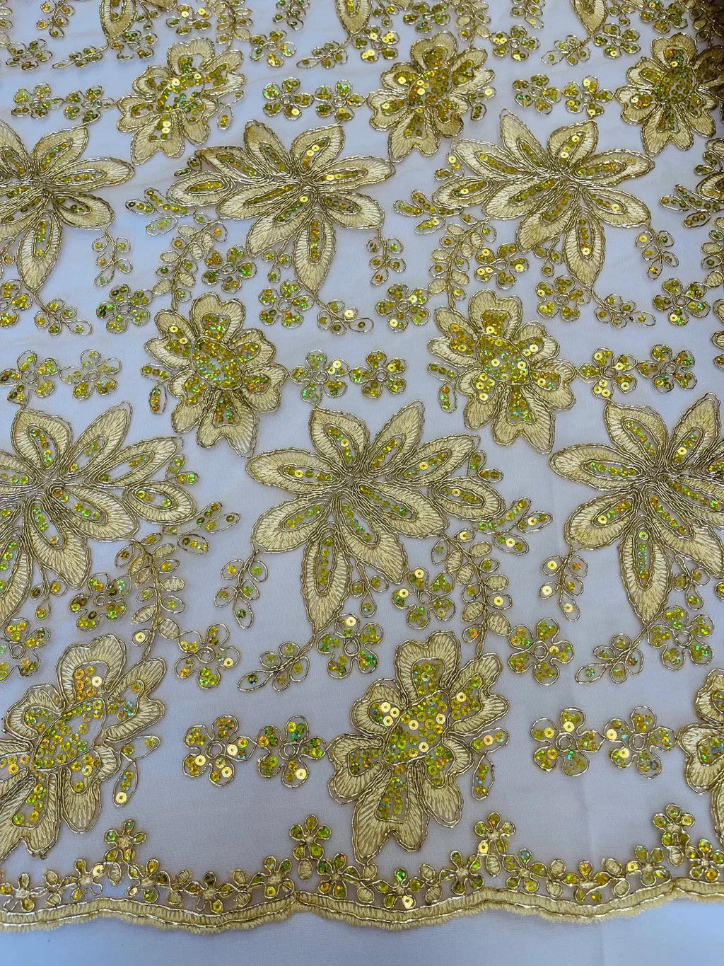 Holographic Sequins Lace - Gold - Flower Sequins Lace Design w/ Metallic Thread by Yard