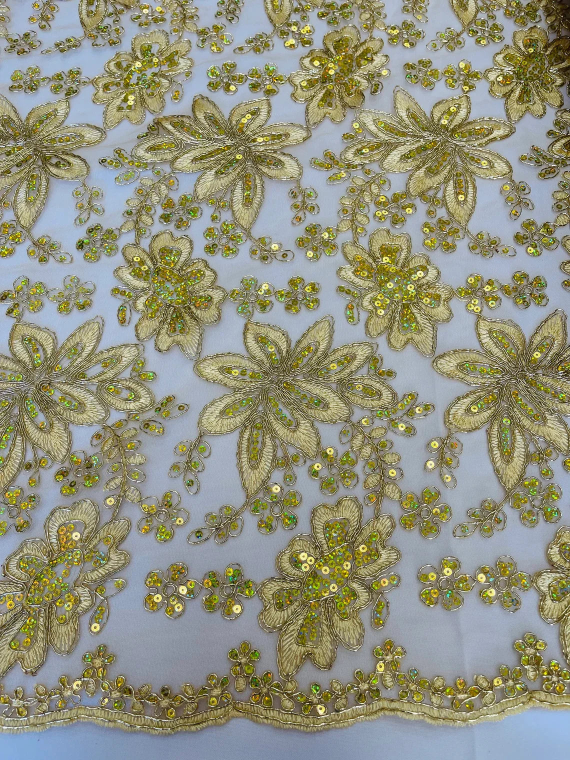 Holographic Sequins Lace - Gold - Flower Sequins Lace Design w/ Metallic Thread by Yard