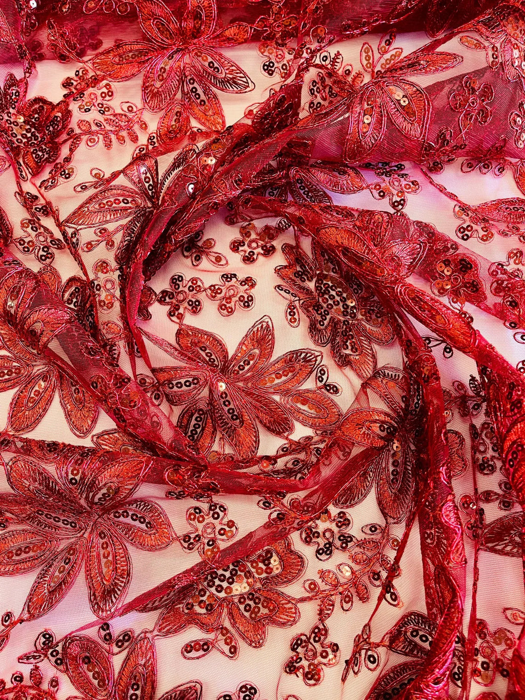 Holographic Sequins Lace - Burgundy - Flower Sequins Lace Design w/ Metallic Thread by Yard