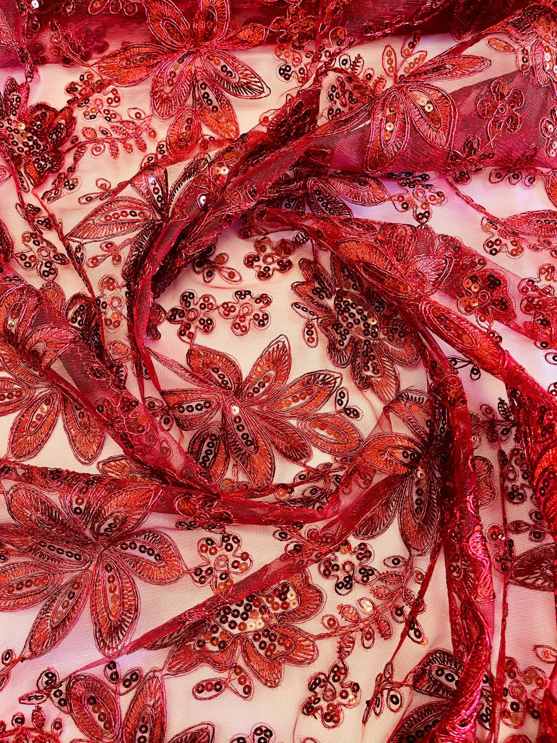 Holographic Sequins Lace - Burgundy - Flower Sequins Lace Design w/ Metallic Thread by Yard