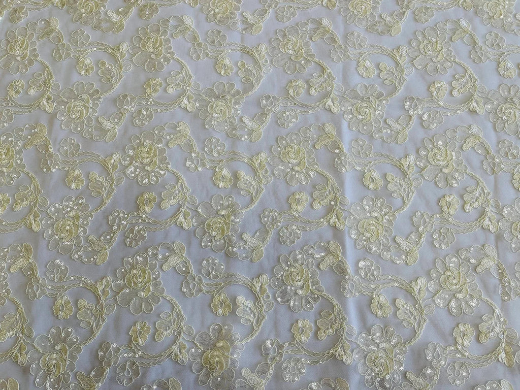 Embroidered Flower Lace - Ivory - Corded Floral Lace With Sequins Sold By Yard
