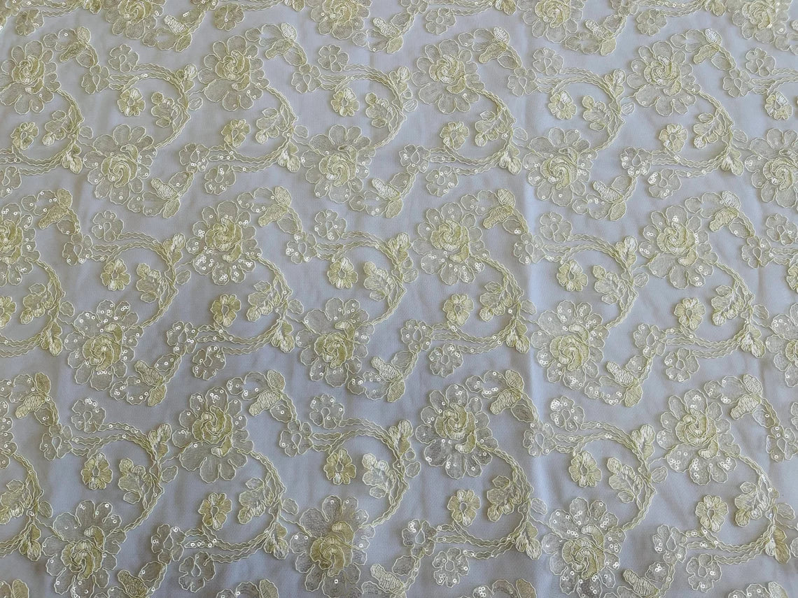 Embroidered Flower Lace - Ivory - Corded Floral Lace With Sequins Sold By Yard