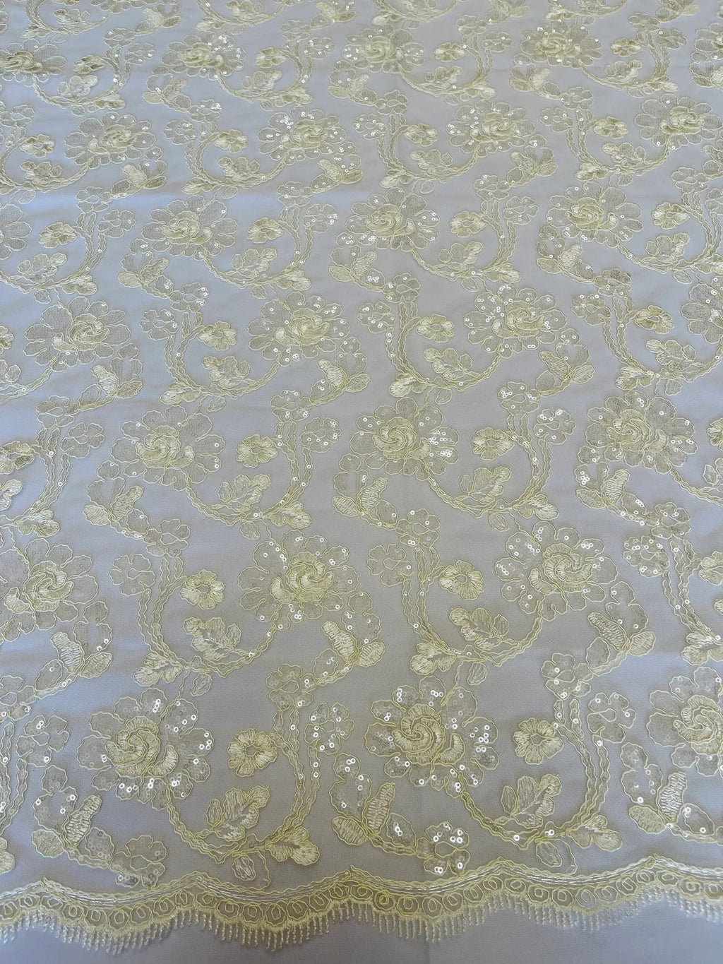 Embroidered Flower Lace - Ivory - Corded Floral Lace With Sequins Sold By Yard
