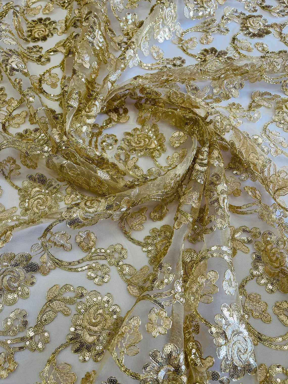 Embroidered Flower Lace - Champagne - Corded Floral Lace With Sequins Sold By Yard