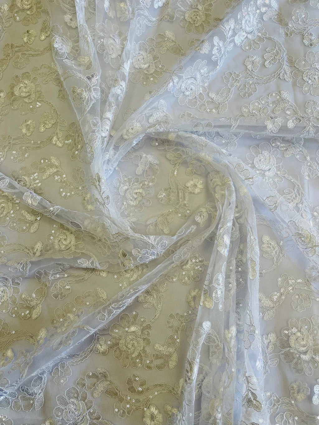 Embroidered Flower Lace - White - Corded Floral Lace With Sequins Sold By Yard