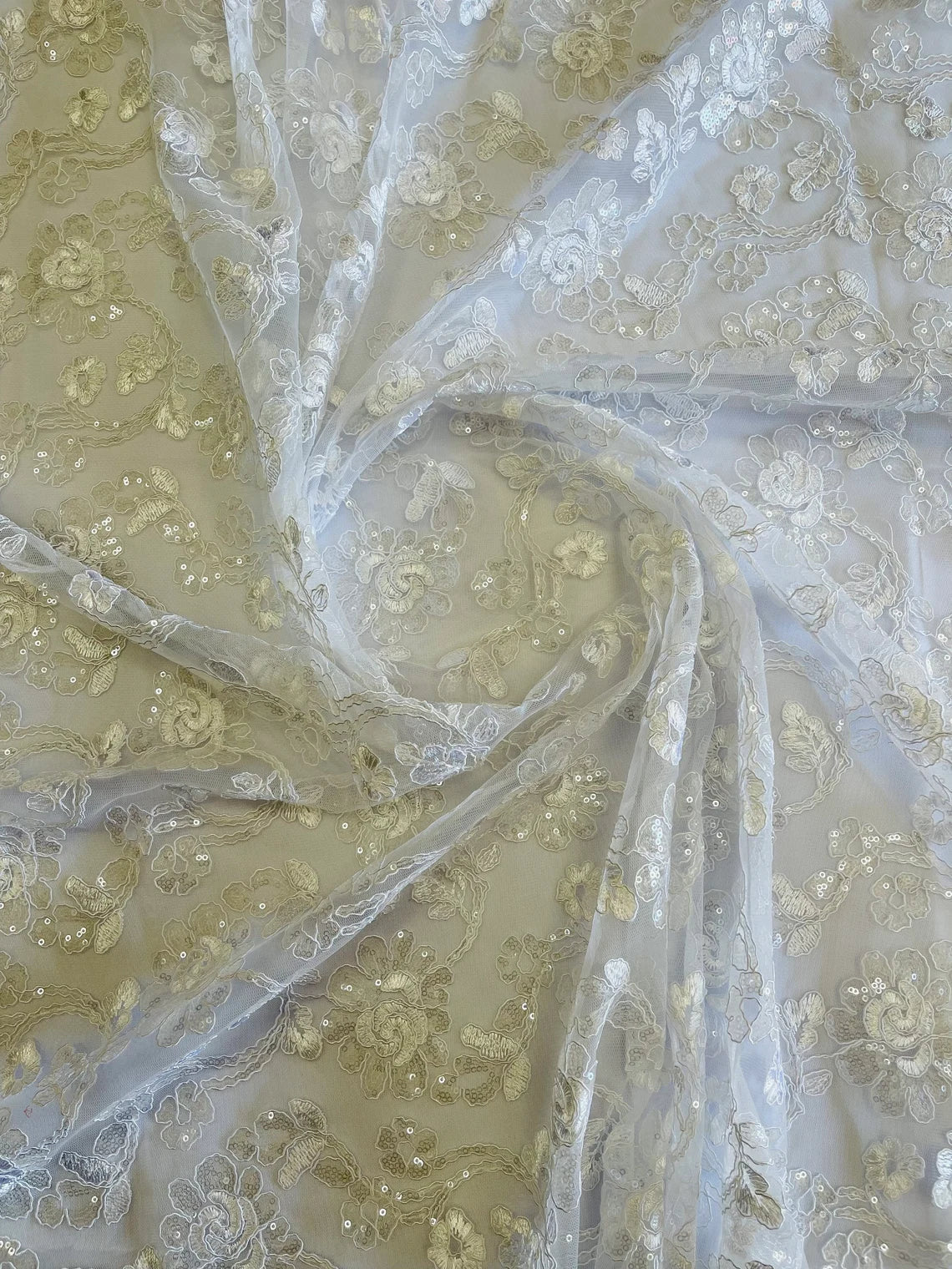 Embroidered Flower Lace - White - Corded Floral Lace With Sequins Sold By Yard
