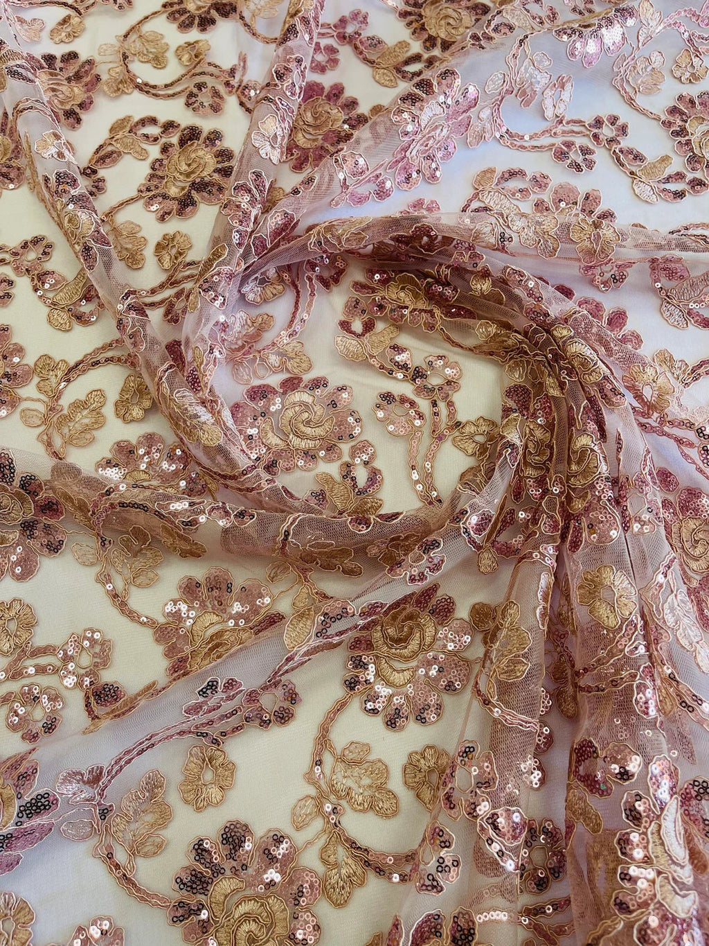 Embroidered Flower Lace - Rose - Corded Floral Lace With Sequins Sold By Yard