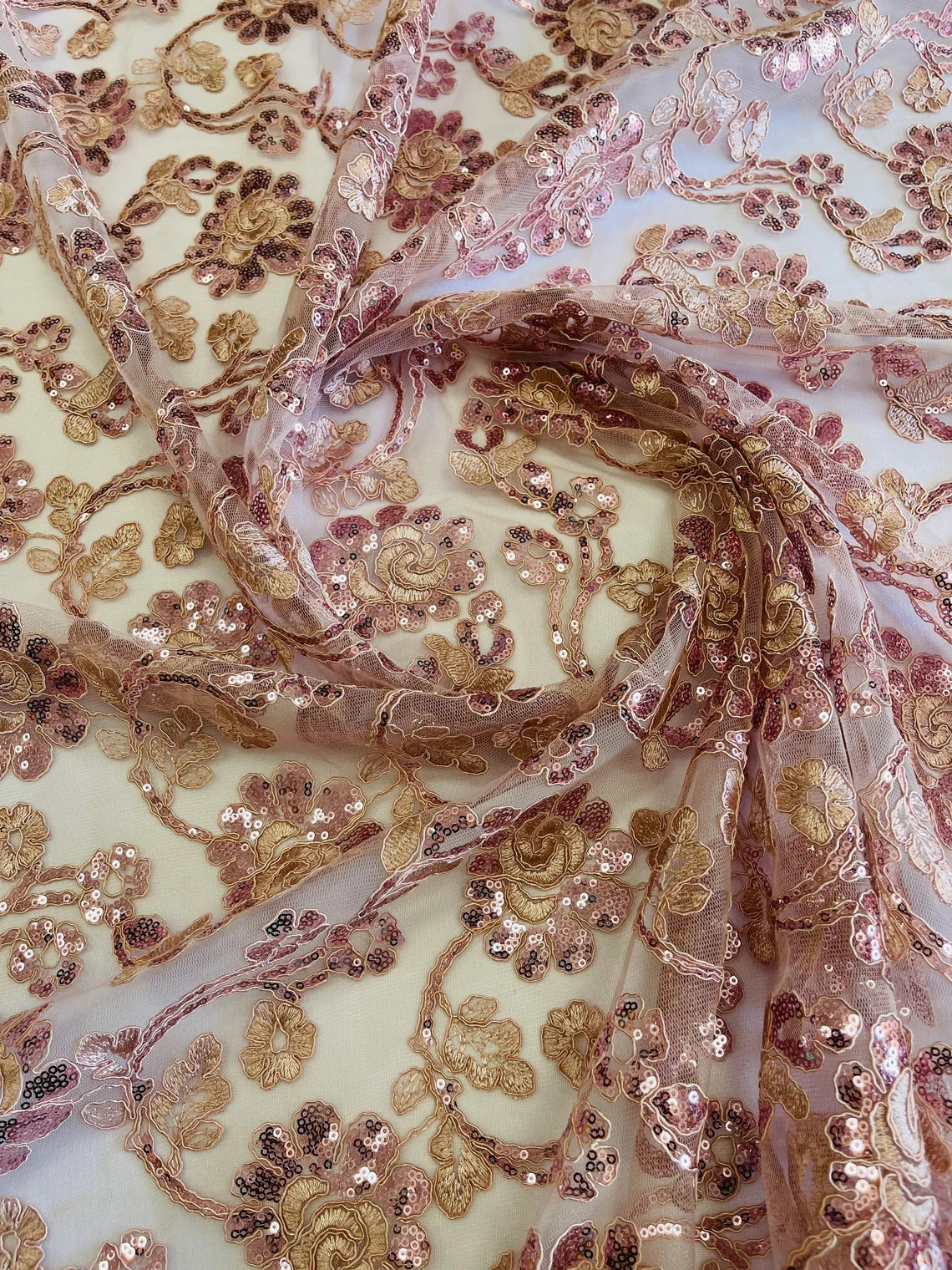 Embroidered Flower Lace - Rose - Corded Floral Lace With Sequins Sold By Yard