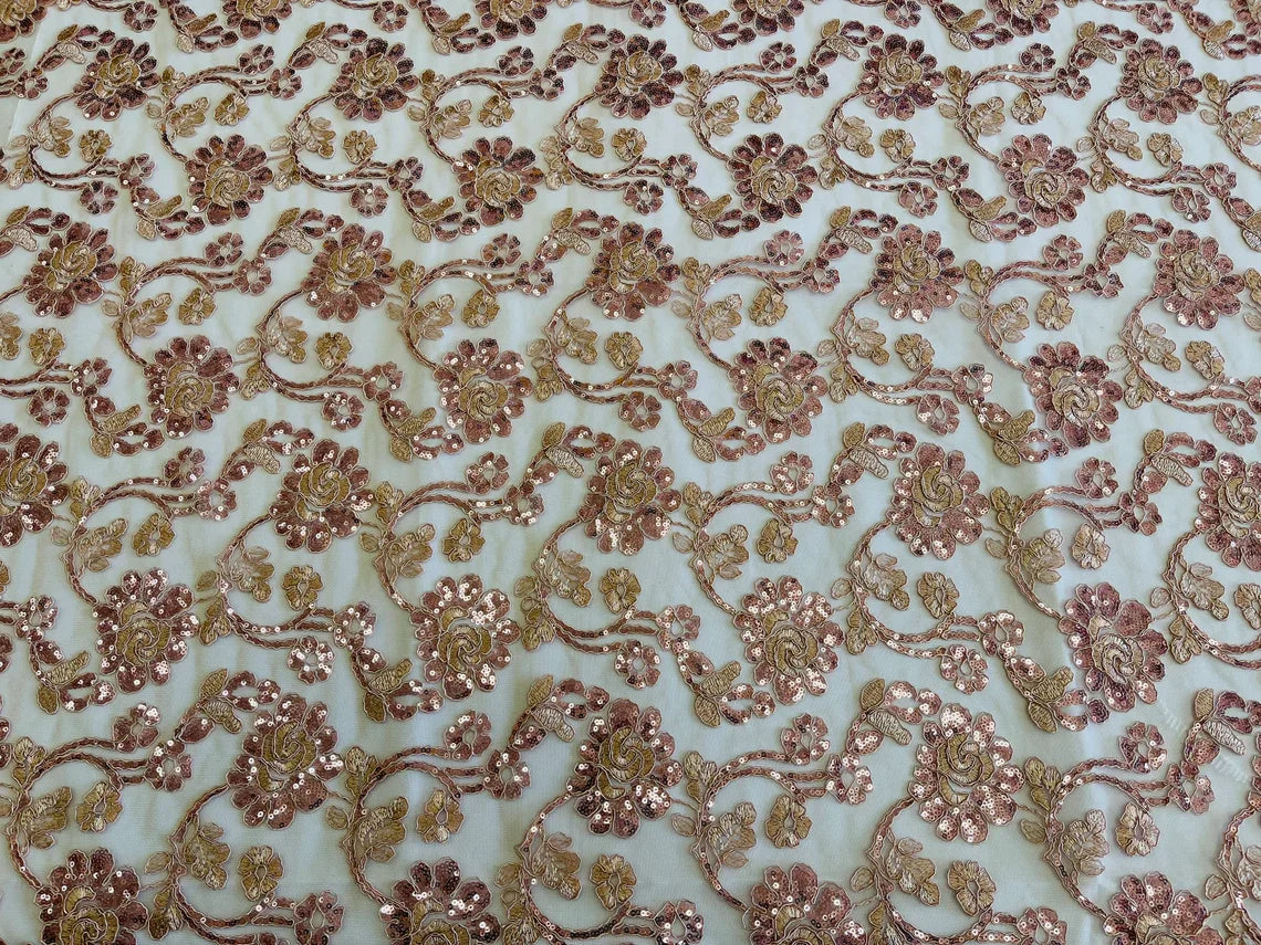 Embroidered Flower Lace - Rose - Corded Floral Lace With Sequins Sold By Yard