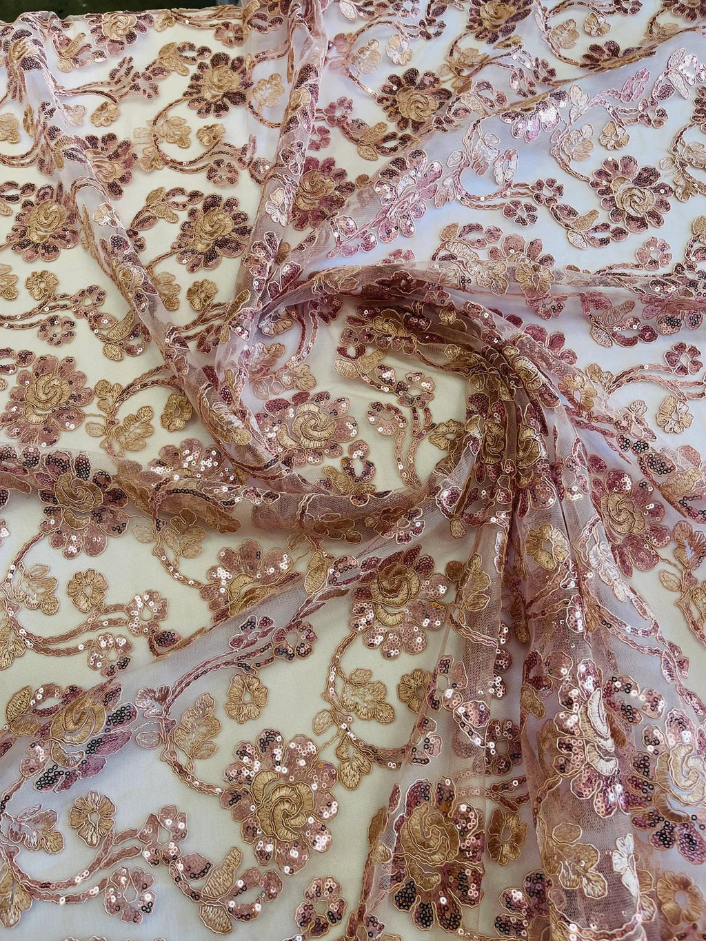 Embroidered Flower Lace - Rose - Corded Floral Lace With Sequins Sold By Yard