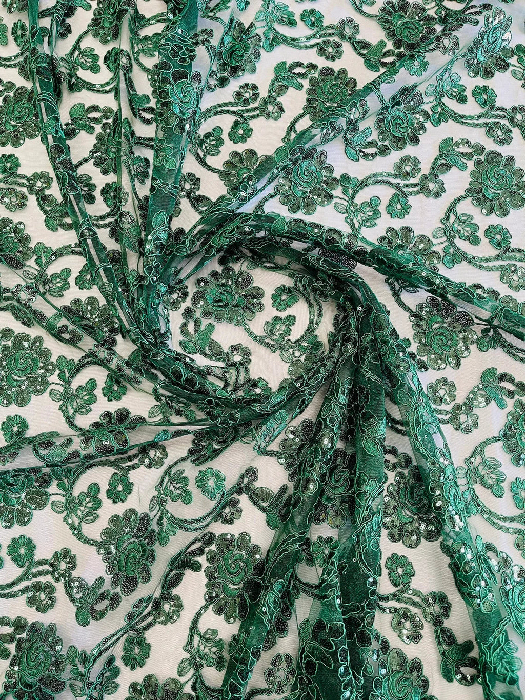 Embroidered Flower Lace - Hunter Green - Corded Floral Lace With Sequins Sold By Yard