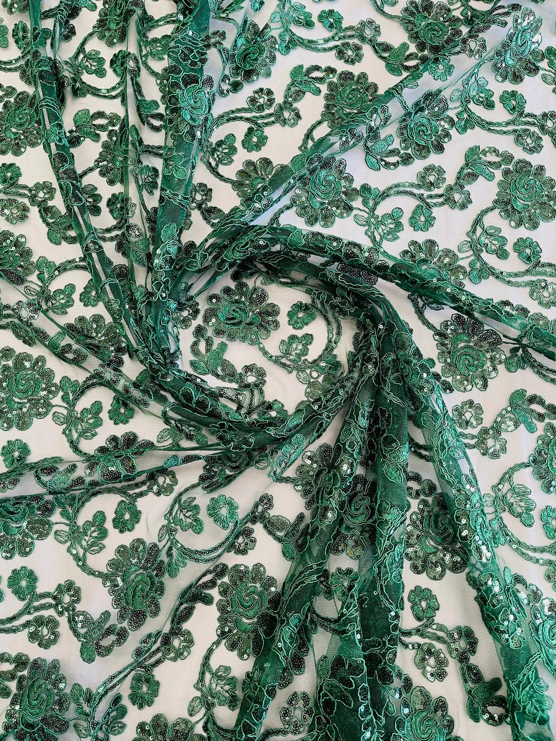 Embroidered Flower Lace - Hunter Green - Corded Floral Lace With Sequins Sold By Yard