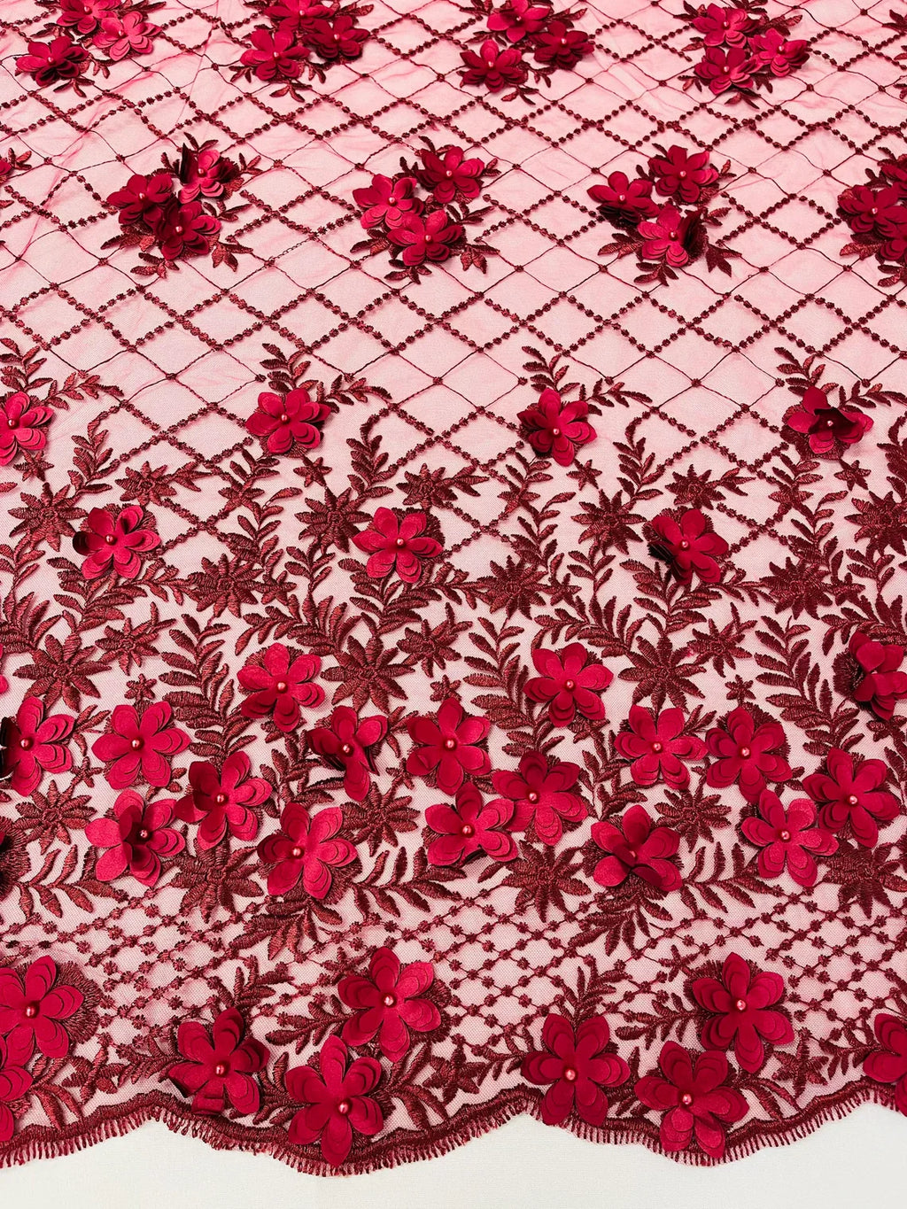 3D Floral Pearl Fabric - Burgundy - 3D Triangle Flower Design on Mesh By Yard