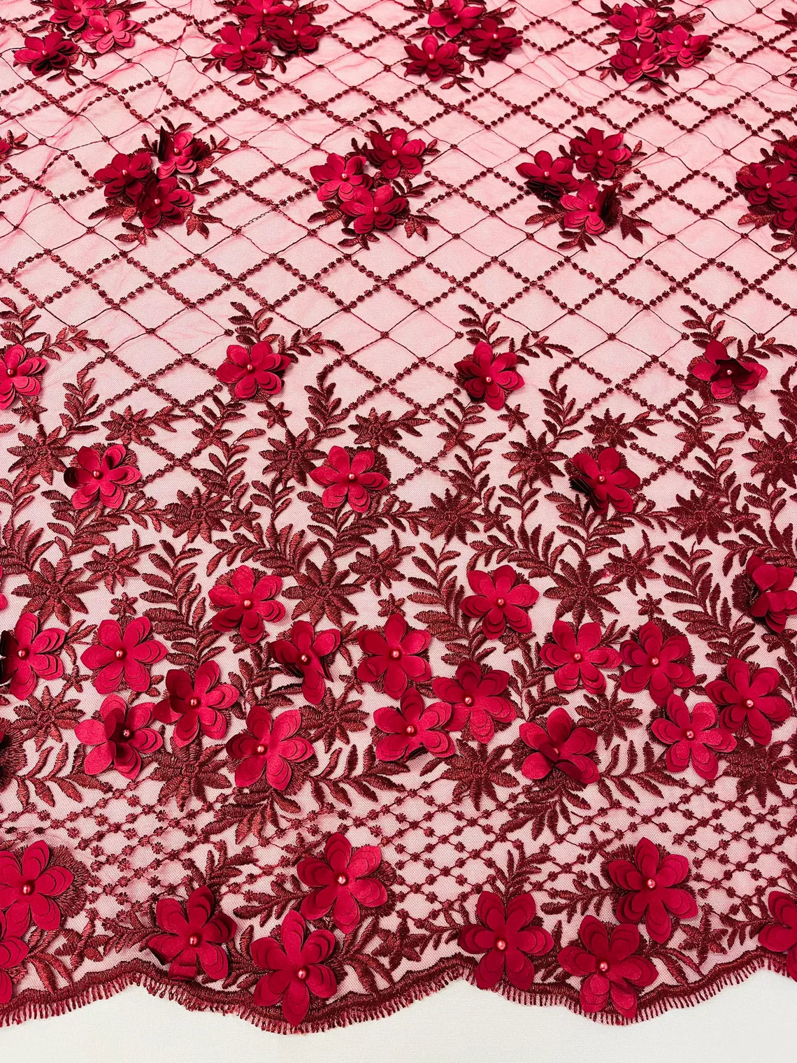 3D Floral Pearl Fabric - Burgundy - 3D Triangle Flower Design on Mesh By Yard