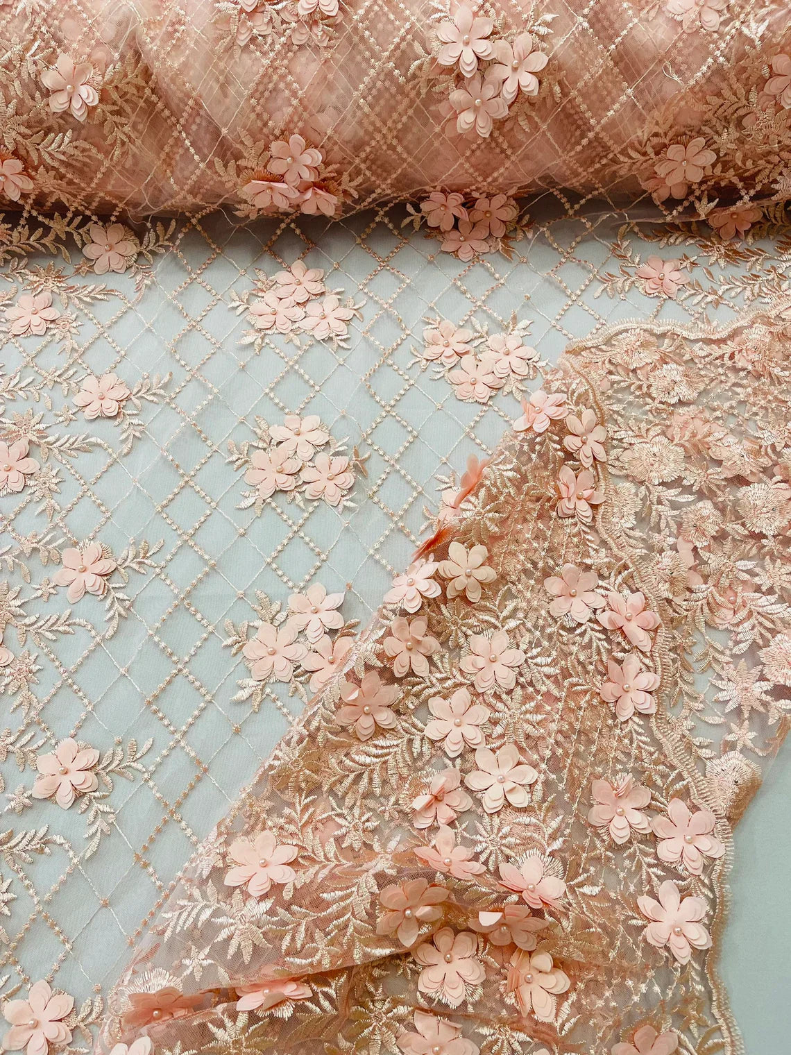3D Floral Pearl Fabric - Blush - 3D Triangle Flower Design on Mesh By Yard