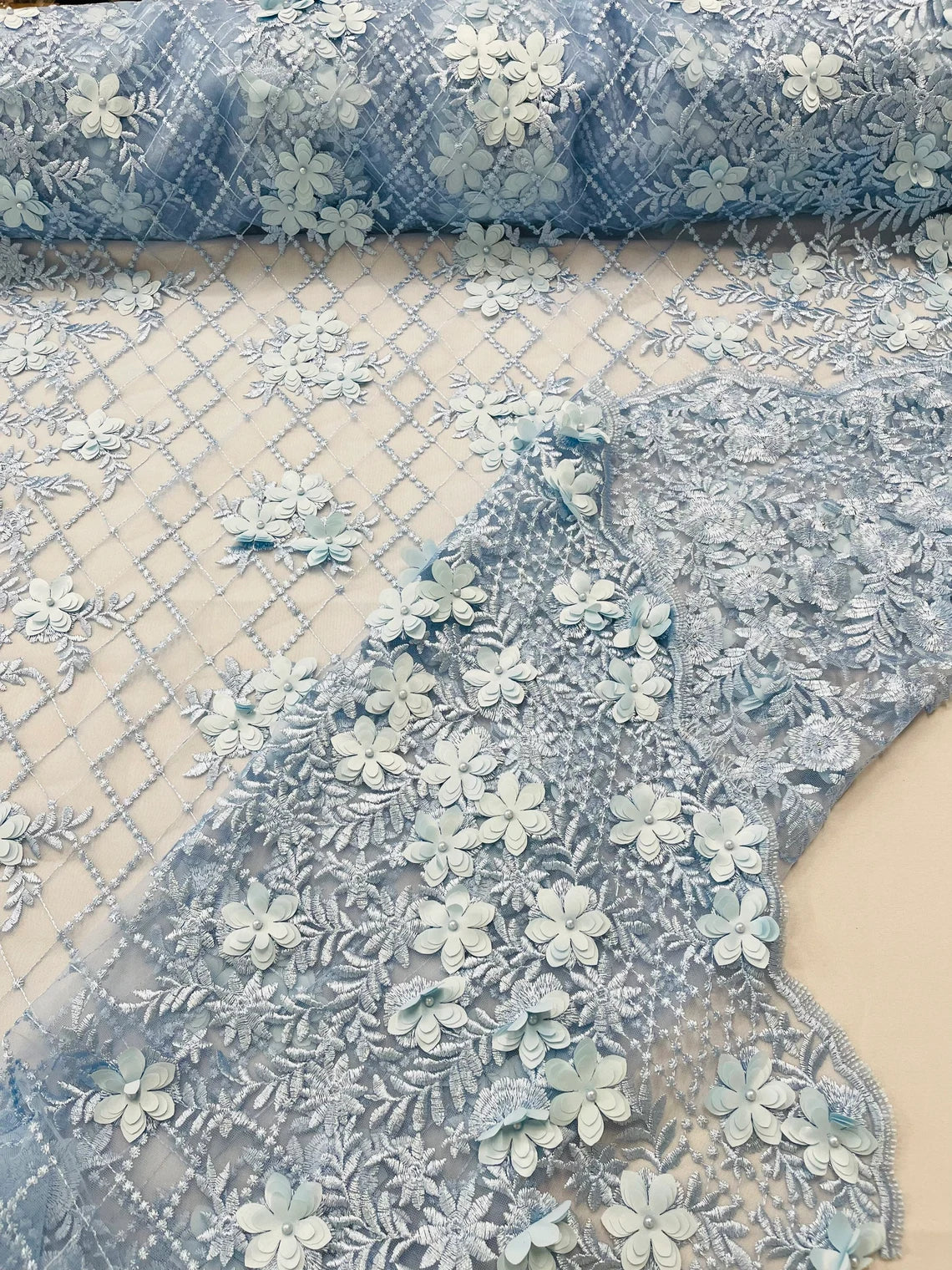 3D Floral Pearl Fabric - Baby Blue - 3D Triangle Flower Design on Mesh By Yard