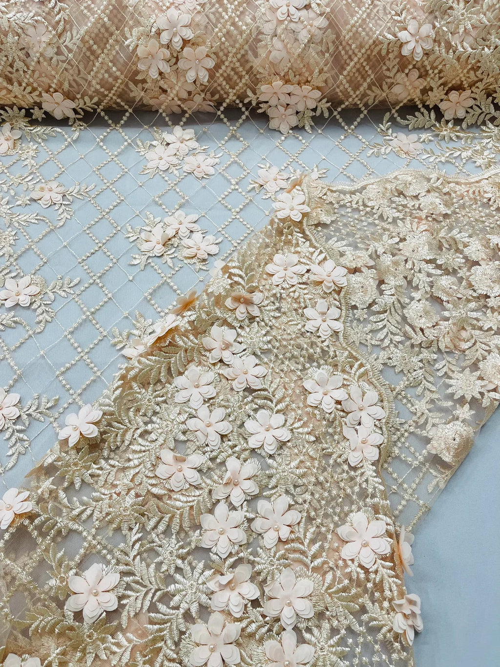 3D Floral Pearl Fabric - Peach - 3D Triangle Flower Design on Mesh By Yard