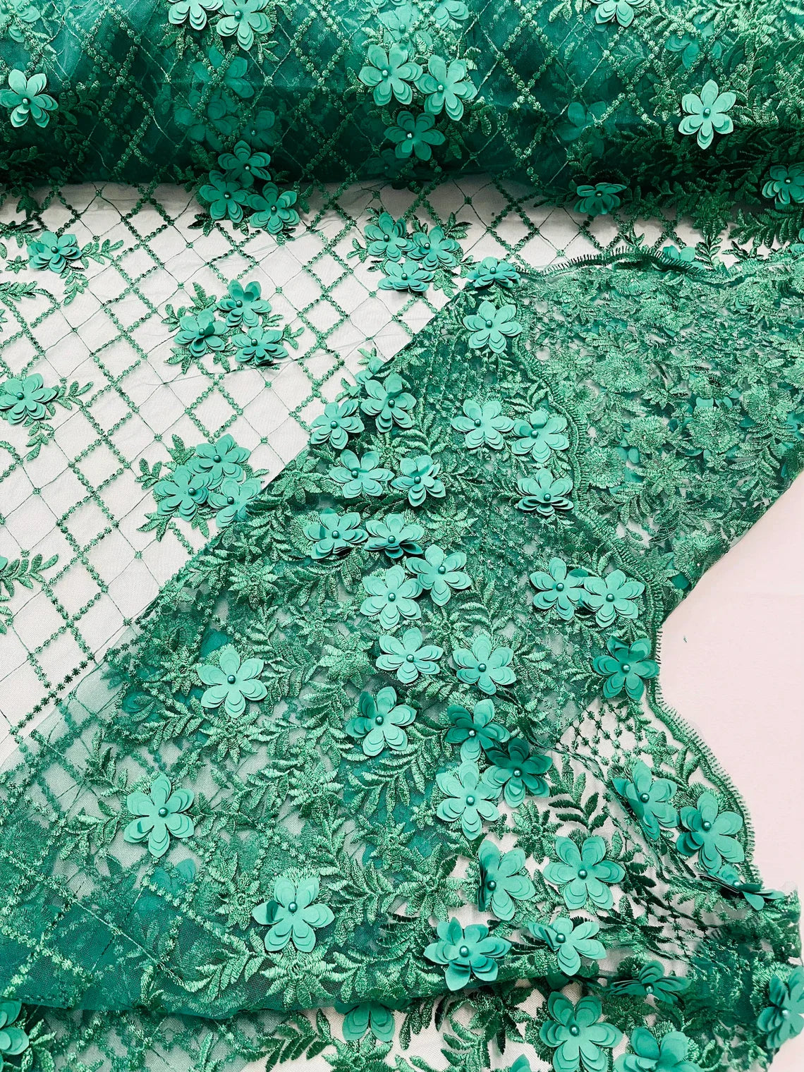 3D Floral Pearl Fabric - Hunter Green - 3D Triangle Flower Design on Mesh By Yard