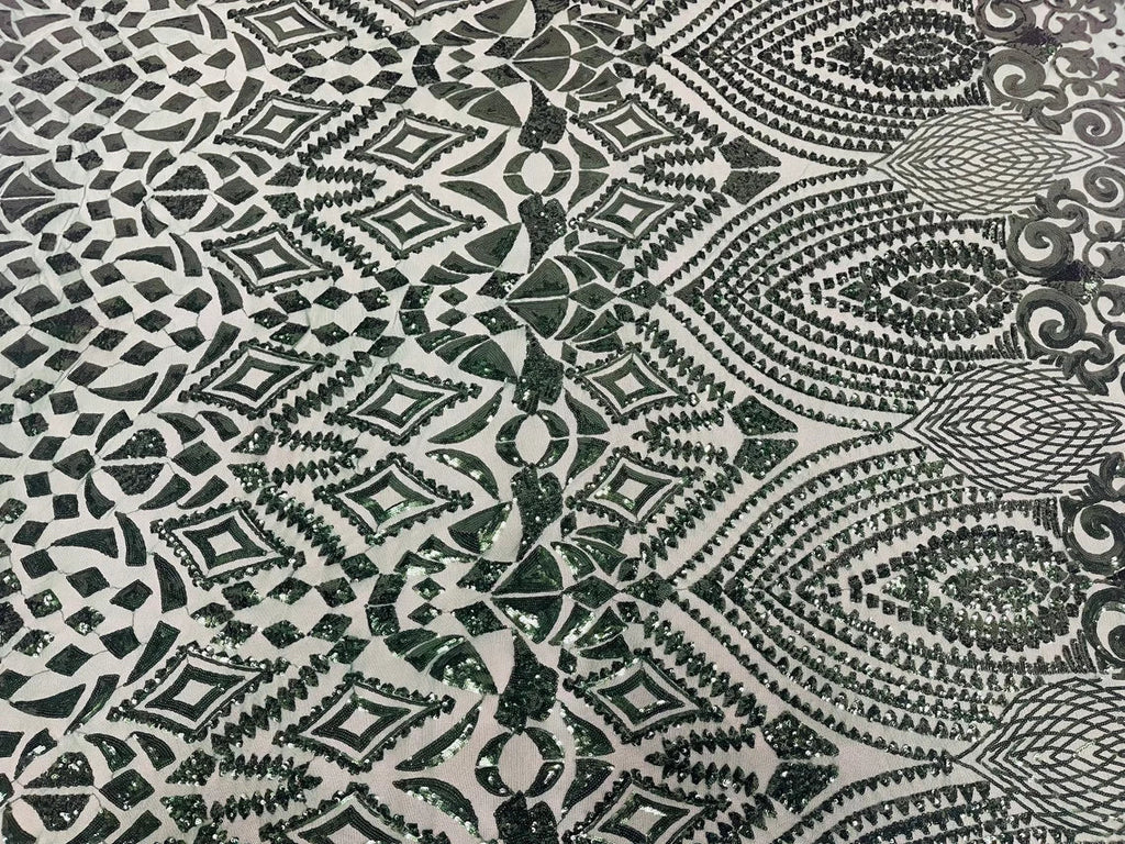 Geometric Pattern Sequins - Hunter Green - 4 Way Stretch Colorful Shine Designer Sequins By Yard