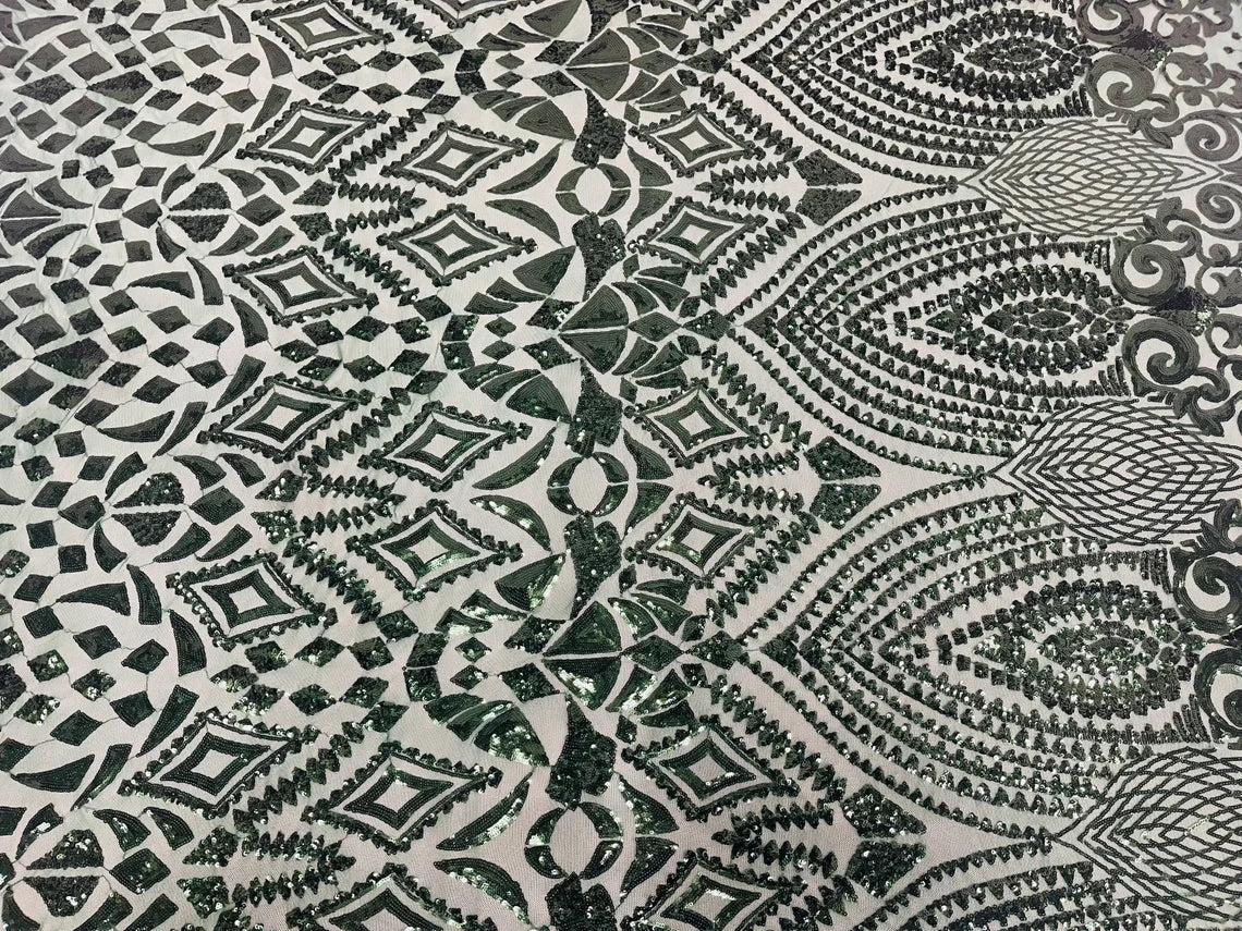 Geometric Pattern Sequins - Hunter Green - 4 Way Stretch Colorful Shine Designer Sequins By Yard