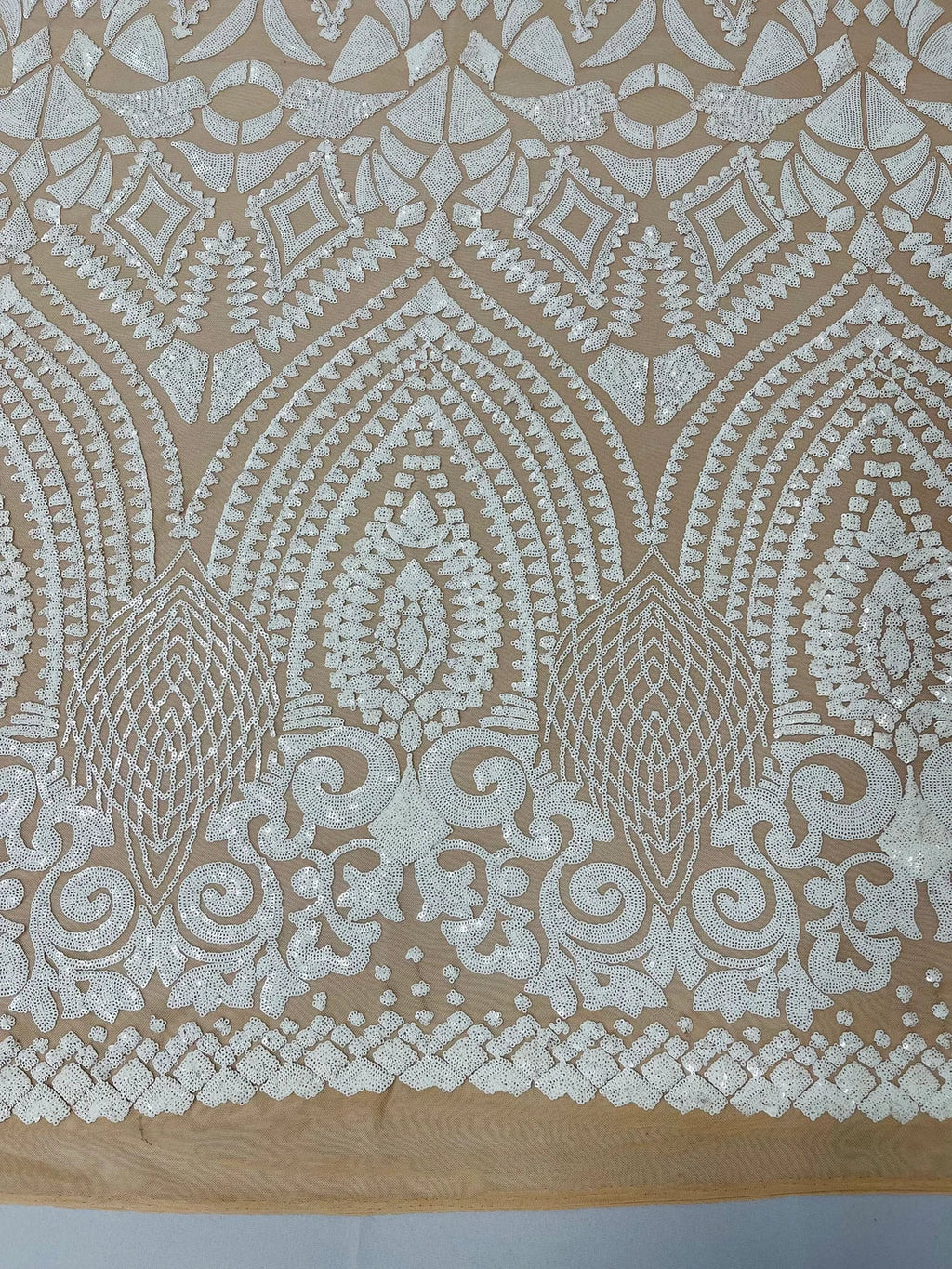 Geometric Pattern Sequins - White on Nude - 4 Way Stretch Colorful Shine Designer Sequins By Yard
