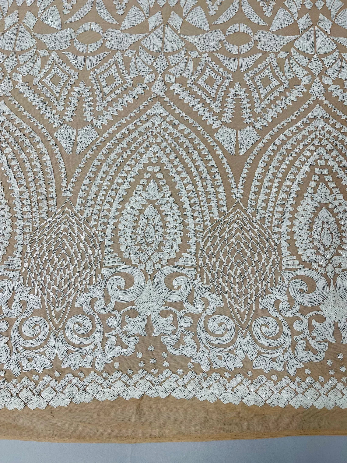 Geometric Pattern Sequins - White on Nude - 4 Way Stretch Colorful Shine Designer Sequins By Yard
