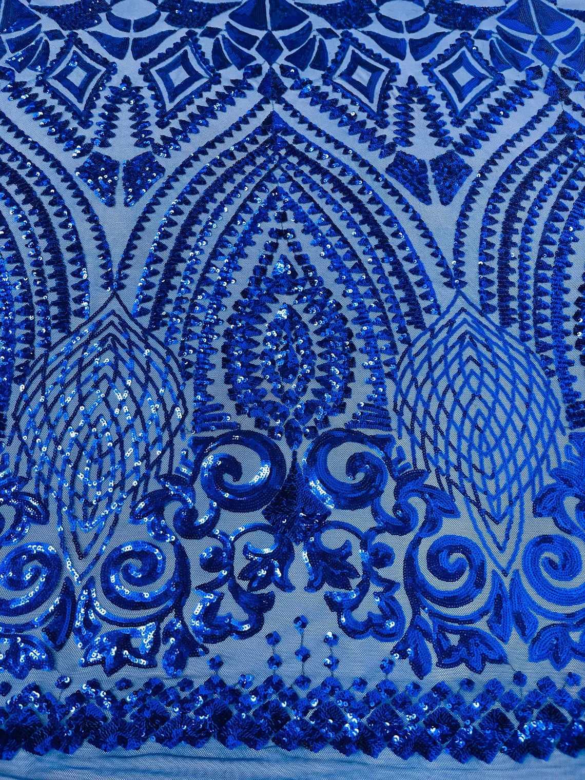 Geometric Pattern Sequins - Royal Blue - 4 Way Stretch Colorful Shine Designer Sequins By Yard