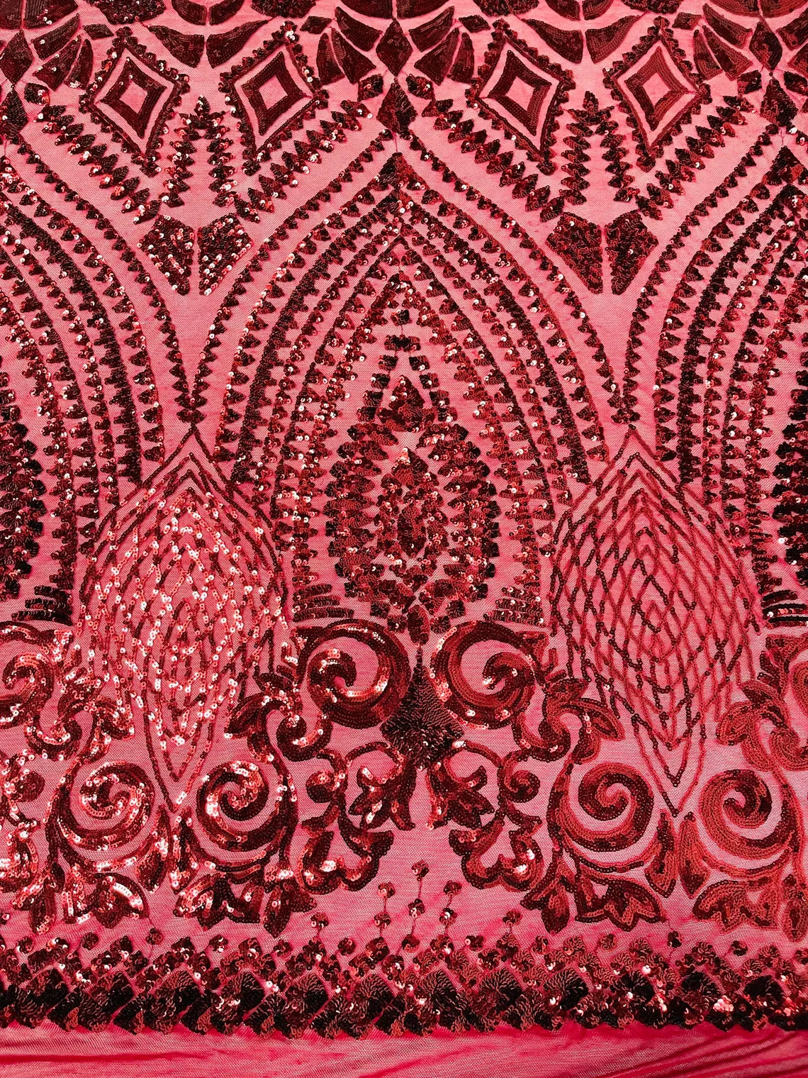 Geometric Pattern Sequins - Burgundy - 4 Way Stretch Colorful Shine Designer Sequins By Yard