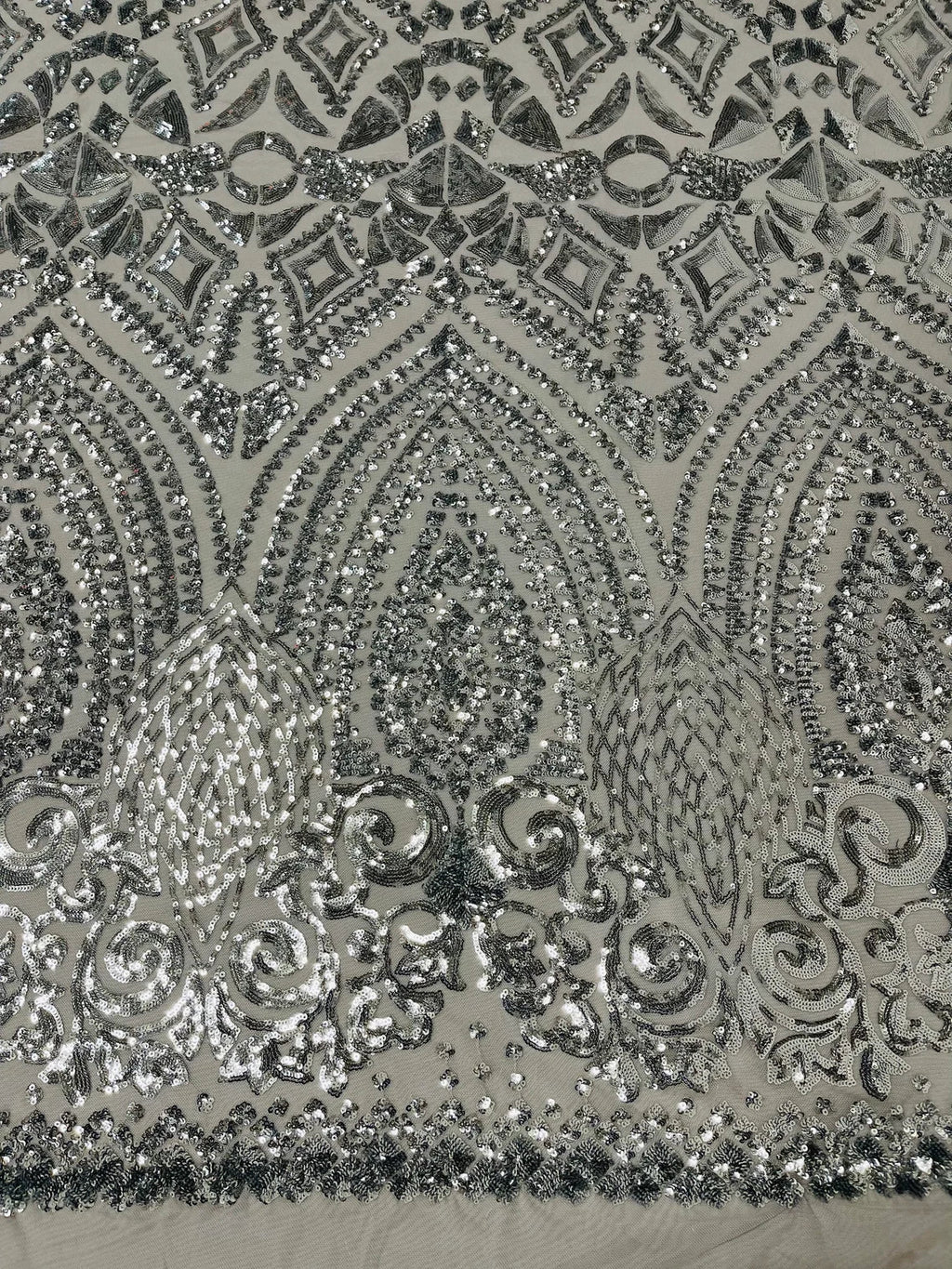 Geometric Pattern Sequins - Silver - 4 Way Stretch Colorful Shine Designer Sequins By Yard