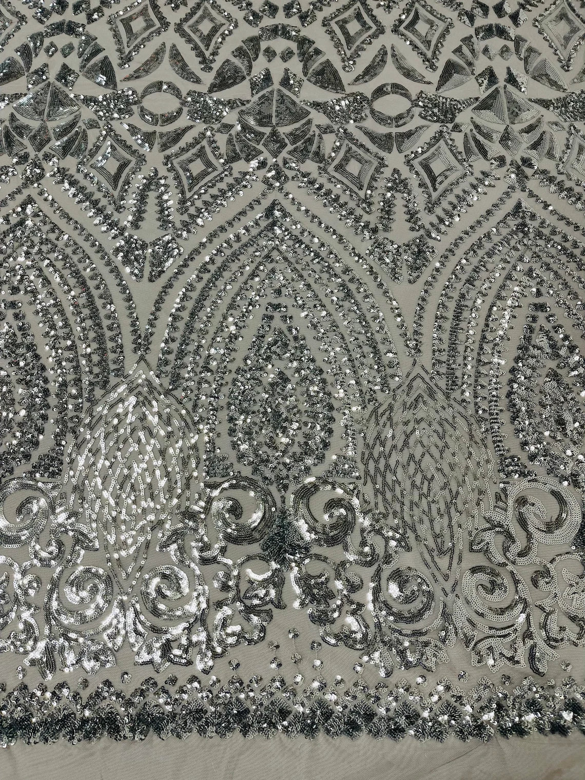 Geometric Pattern Sequins - Silver - 4 Way Stretch Colorful Shine Designer Sequins By Yard
