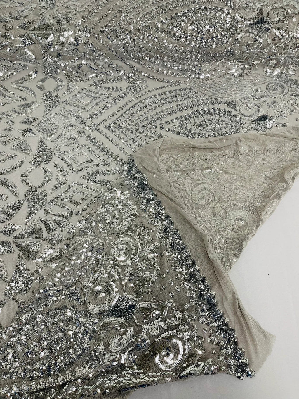 Geometric Pattern Sequins - Silver - 4 Way Stretch Colorful Shine Designer Sequins By Yard