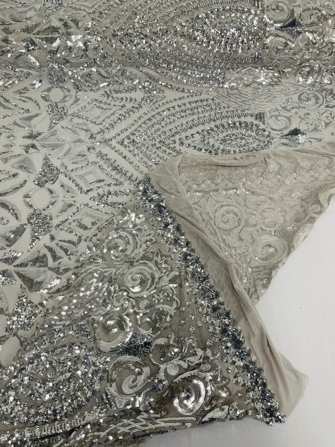 Geometric Pattern Sequins - Silver - 4 Way Stretch Colorful Shine Designer Sequins By Yard