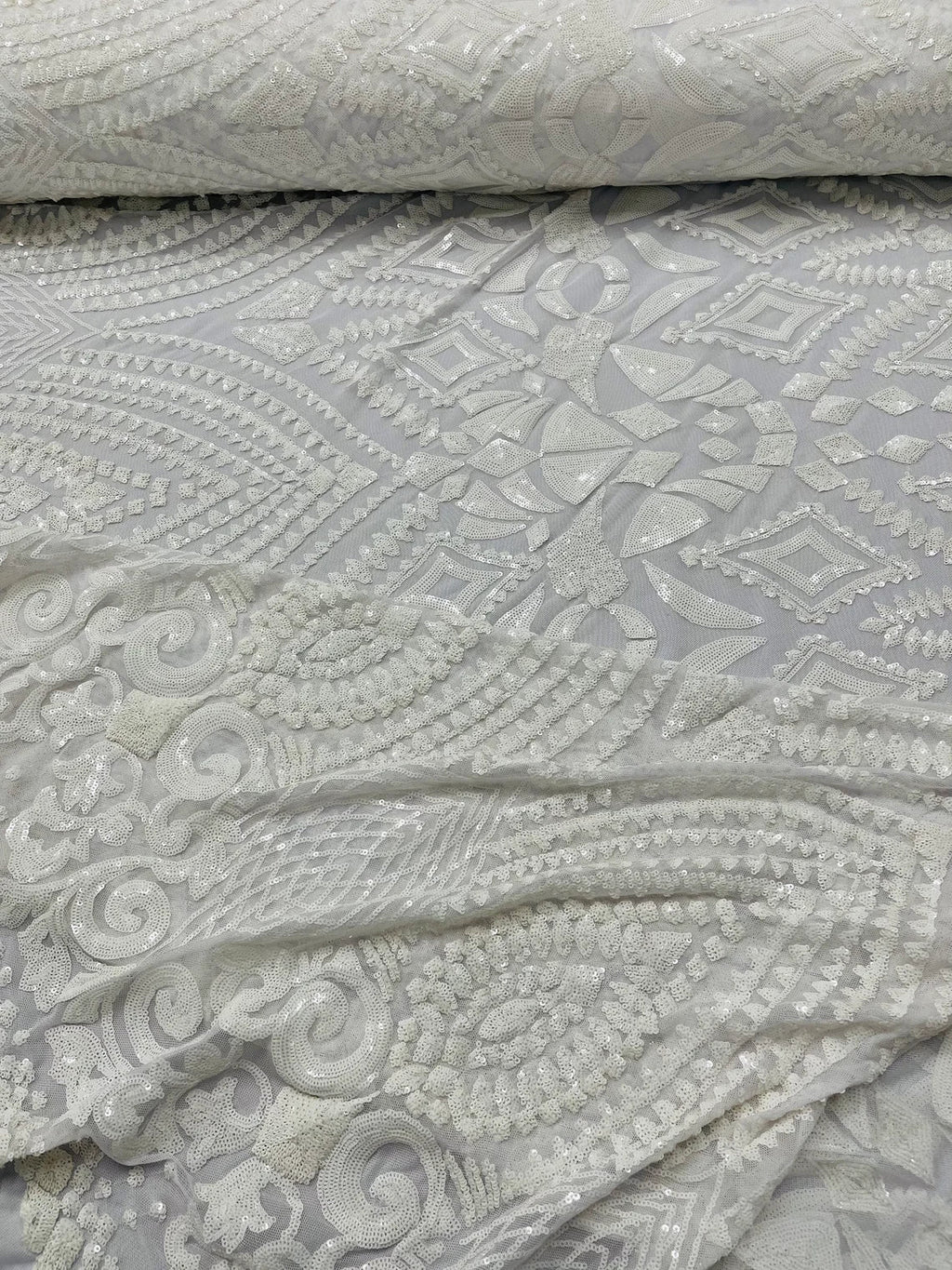 Geometric Pattern Sequins - White - 4 Way Stretch Colorful Shine Designer Sequins By Yard