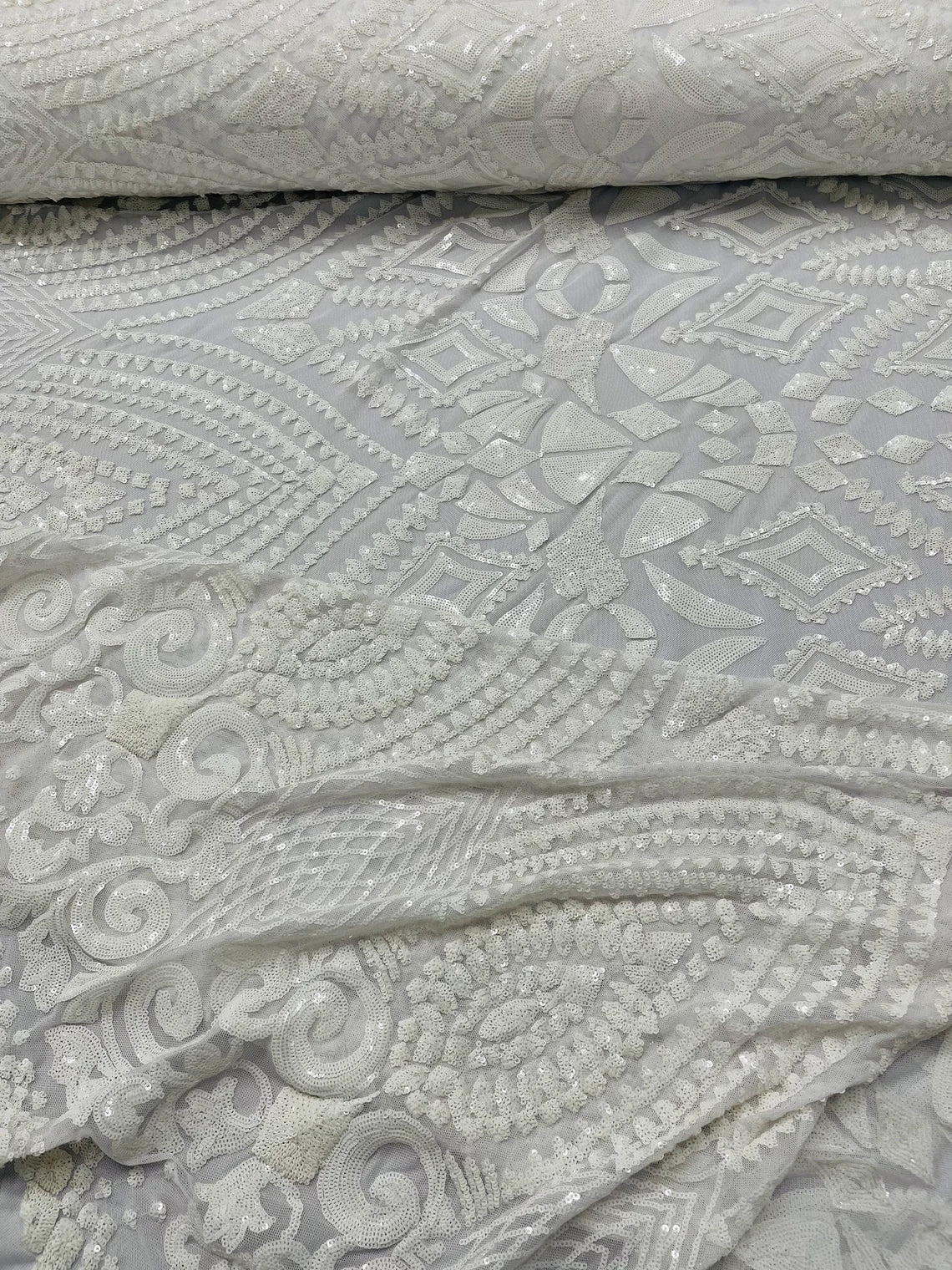 Geometric Pattern Sequins - White - 4 Way Stretch Colorful Shine Designer Sequins By Yard