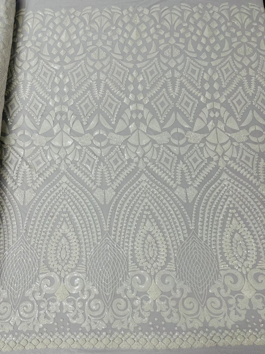 Geometric Pattern Sequins - White - 4 Way Stretch Colorful Shine Designer Sequins By Yard