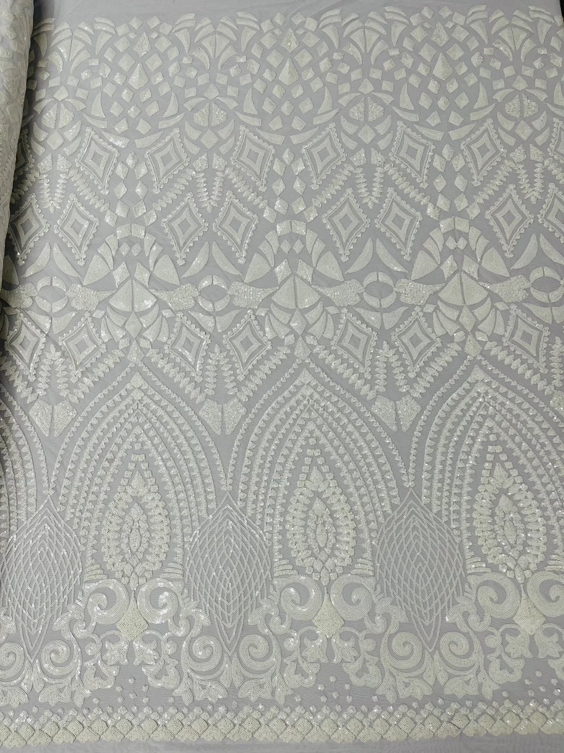 Geometric Pattern Sequins - White - 4 Way Stretch Colorful Shine Designer Sequins By Yard