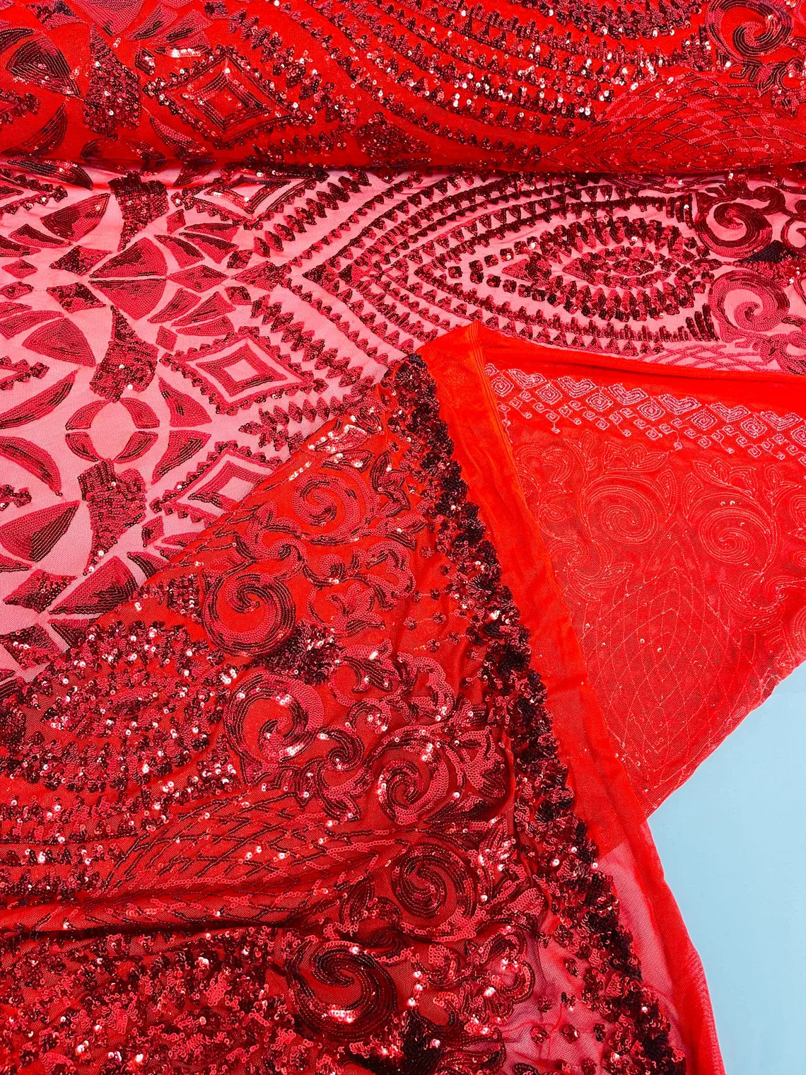 Geometric Pattern Sequins - Red - 4 Way Stretch Colorful Shine Designer Sequins By Yard
