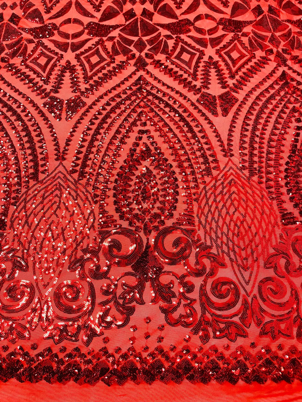 Geometric Pattern Sequins - Red - 4 Way Stretch Colorful Shine Designer Sequins By Yard
