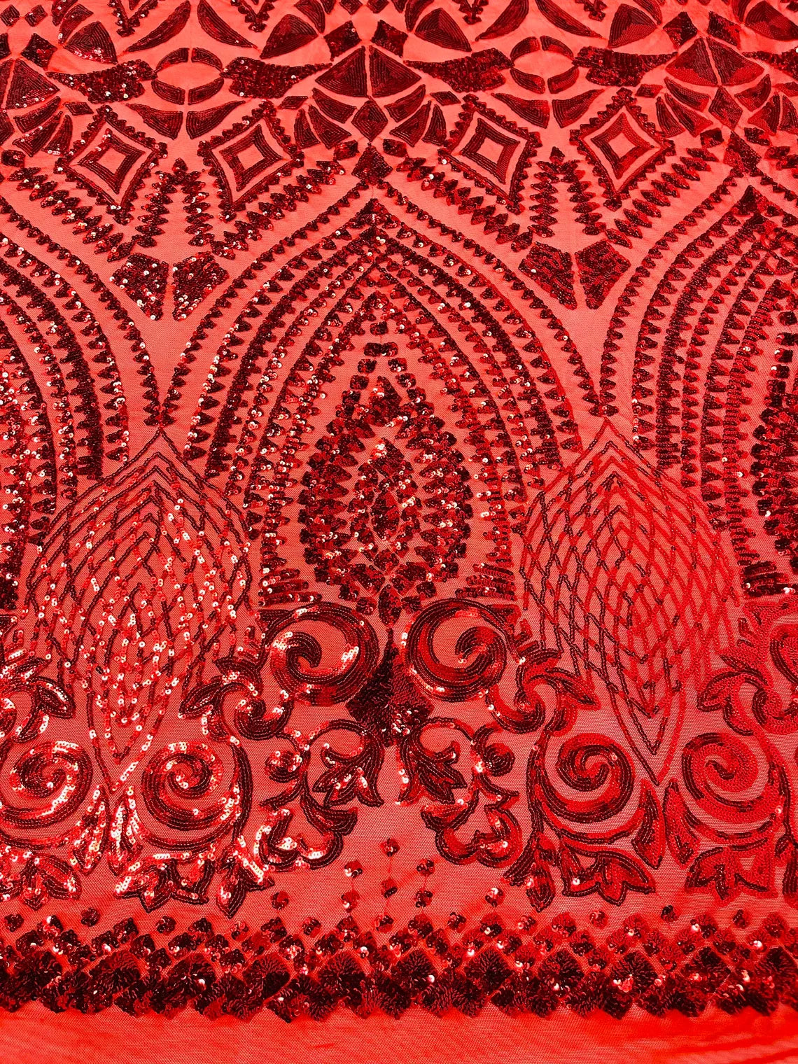 Geometric Pattern Sequins - Red - 4 Way Stretch Colorful Shine Designer Sequins By Yard