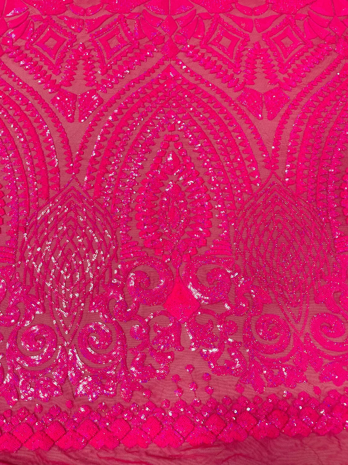 Geometric Pattern Sequins - Hot Pink - 4 Way Stretch Colorful Shine Designer Sequins By Yard
